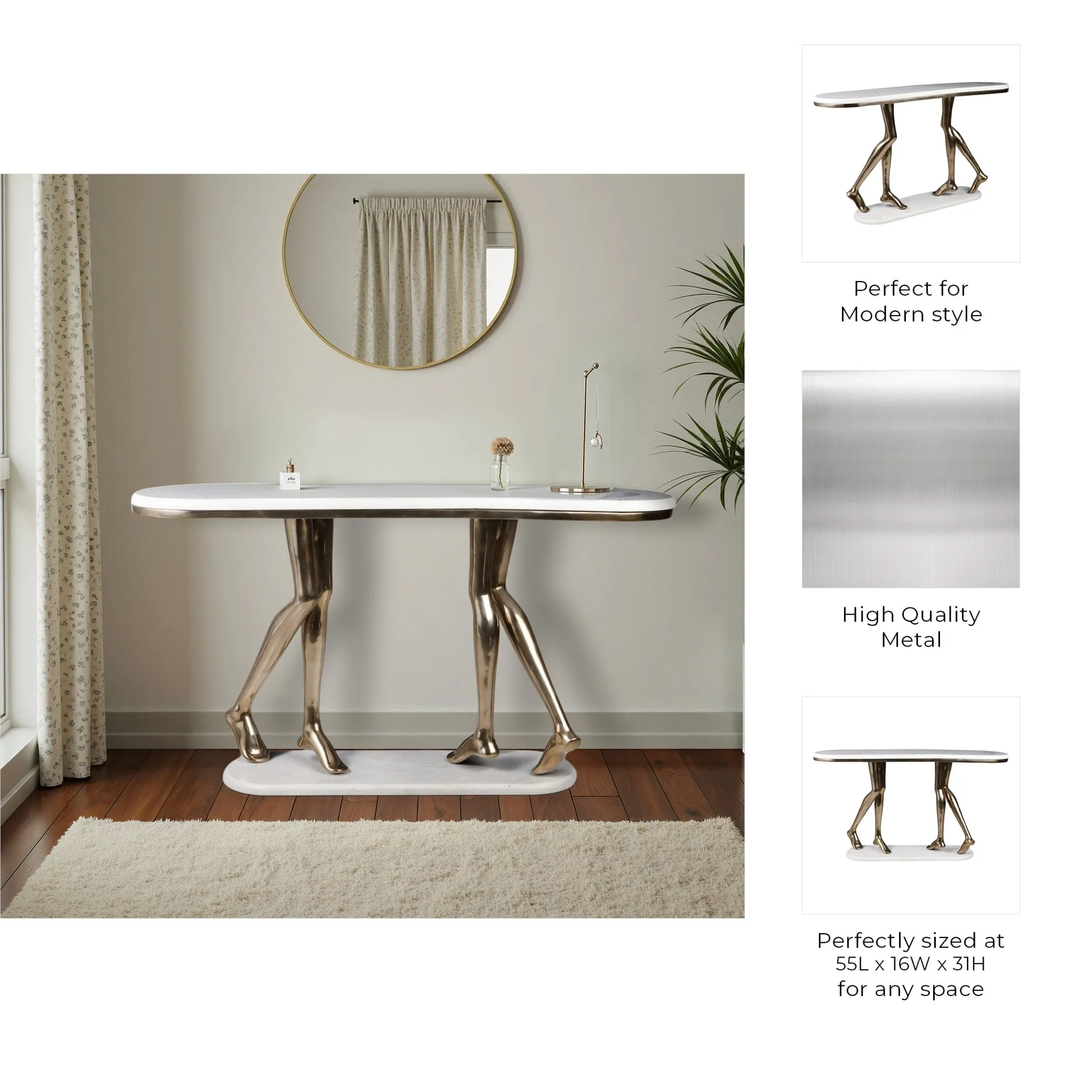 55" Console Table Polished Deep Metal W/marble Wht - Image 8