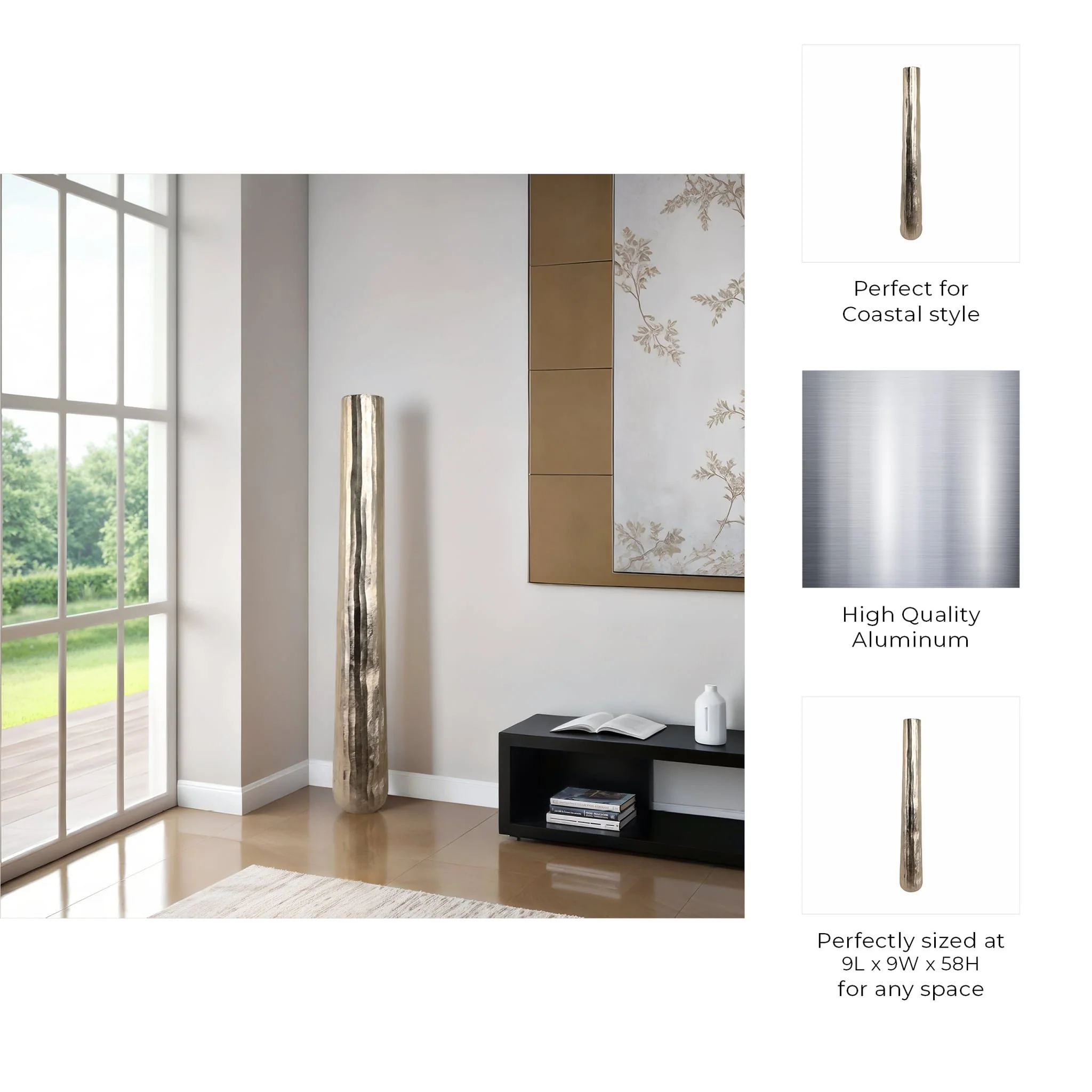 58" Rounded Etched Metal Floor Vase, Silver - Image 7