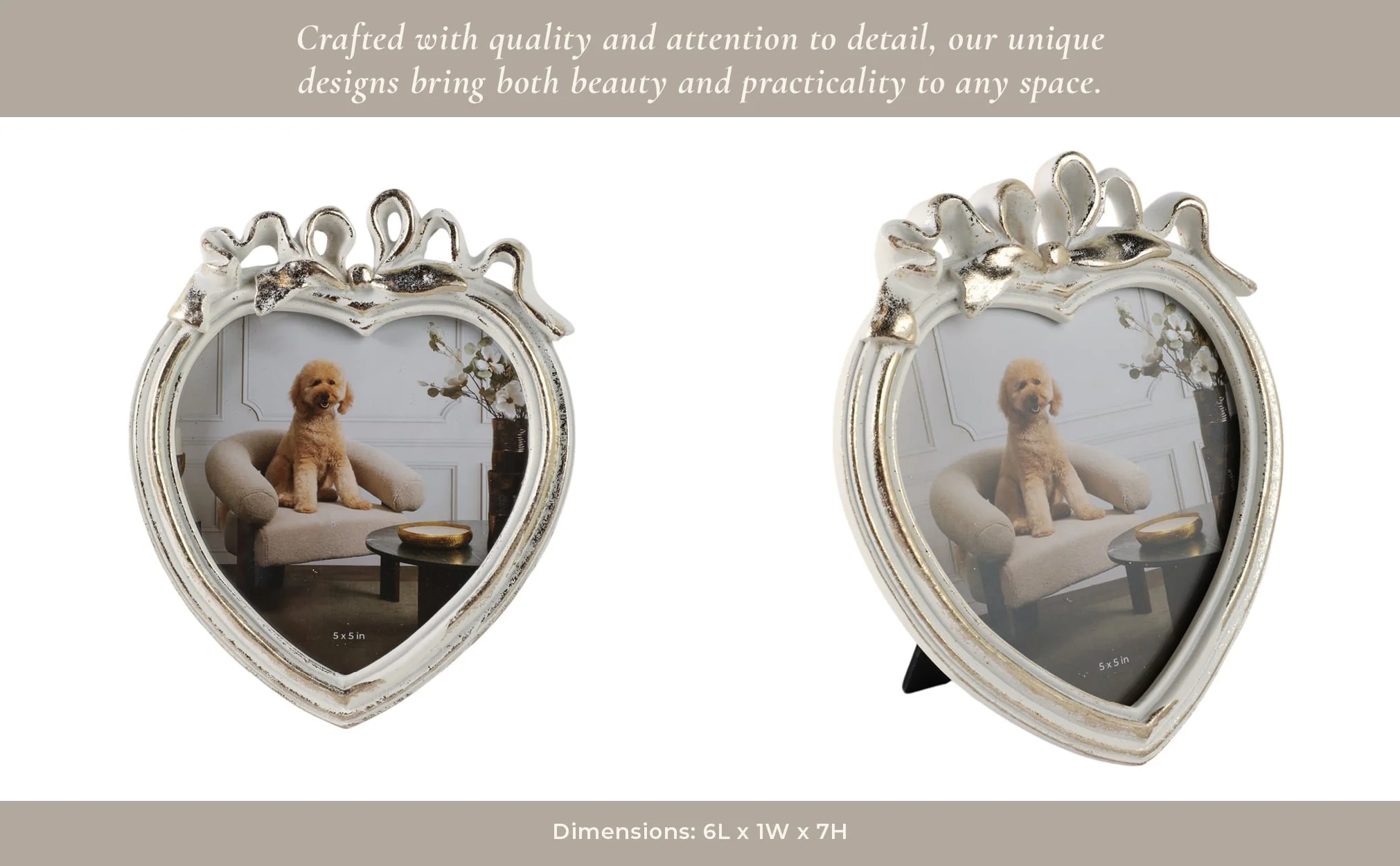 5x5 Heart Photo Frame With Bow, Ivory/gold - Image 11