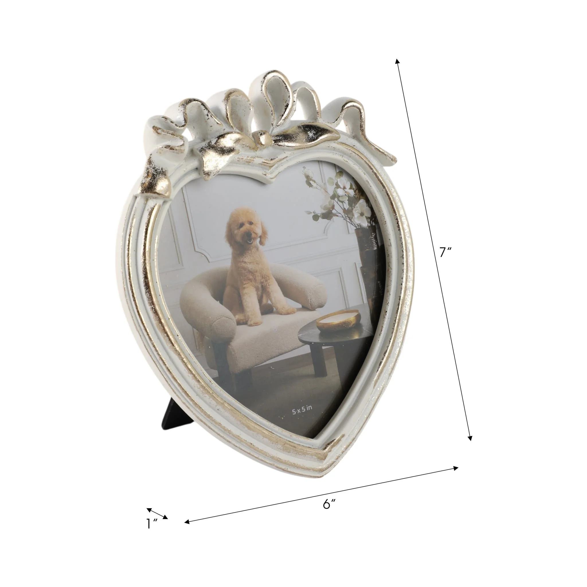 5x5 Heart Photo Frame With Bow, Ivory/gold - Image 7