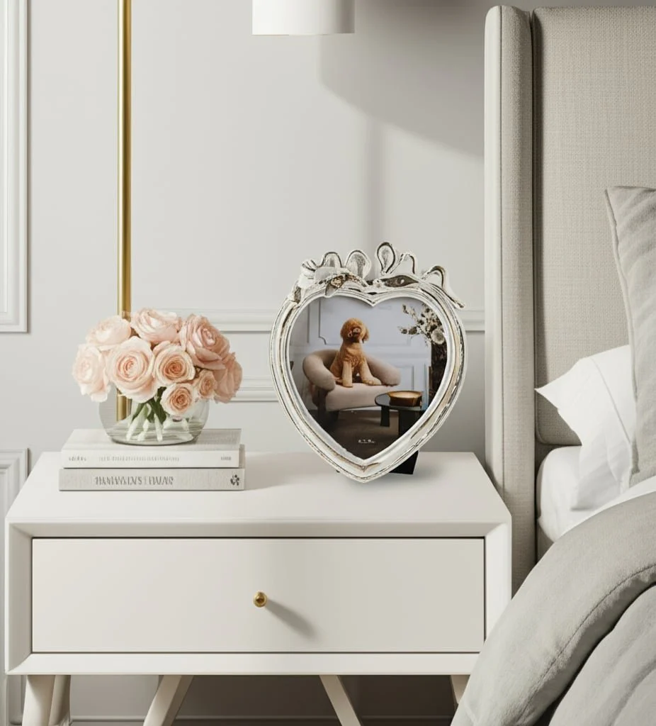 5x5 Heart Photo Frame With Bow, Ivory/gold - Image 9