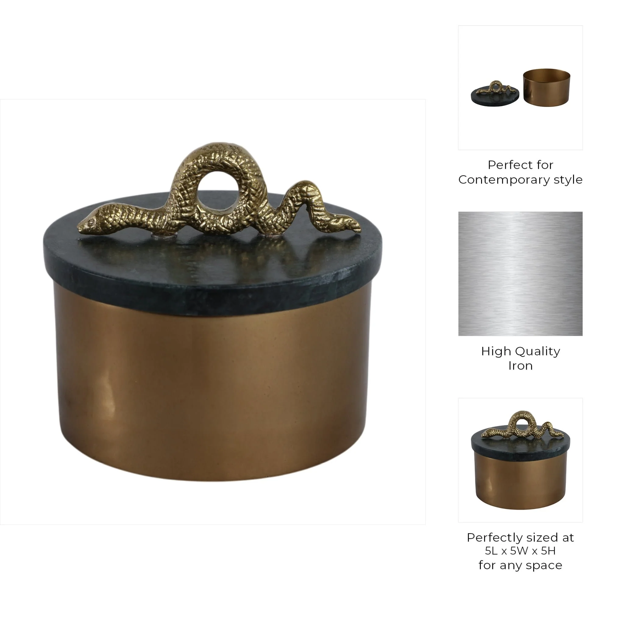 5x5" Round Marble & Metal Box With Snake, Green/go - Image 3