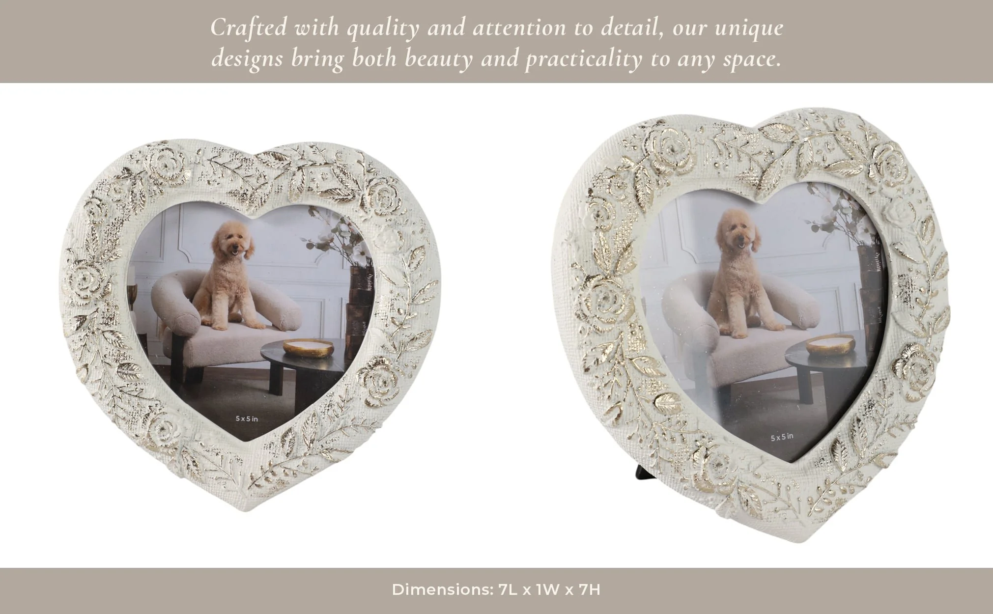5x5 Stitched Border Heart Photo Frame, Ivory/gold - Image 11