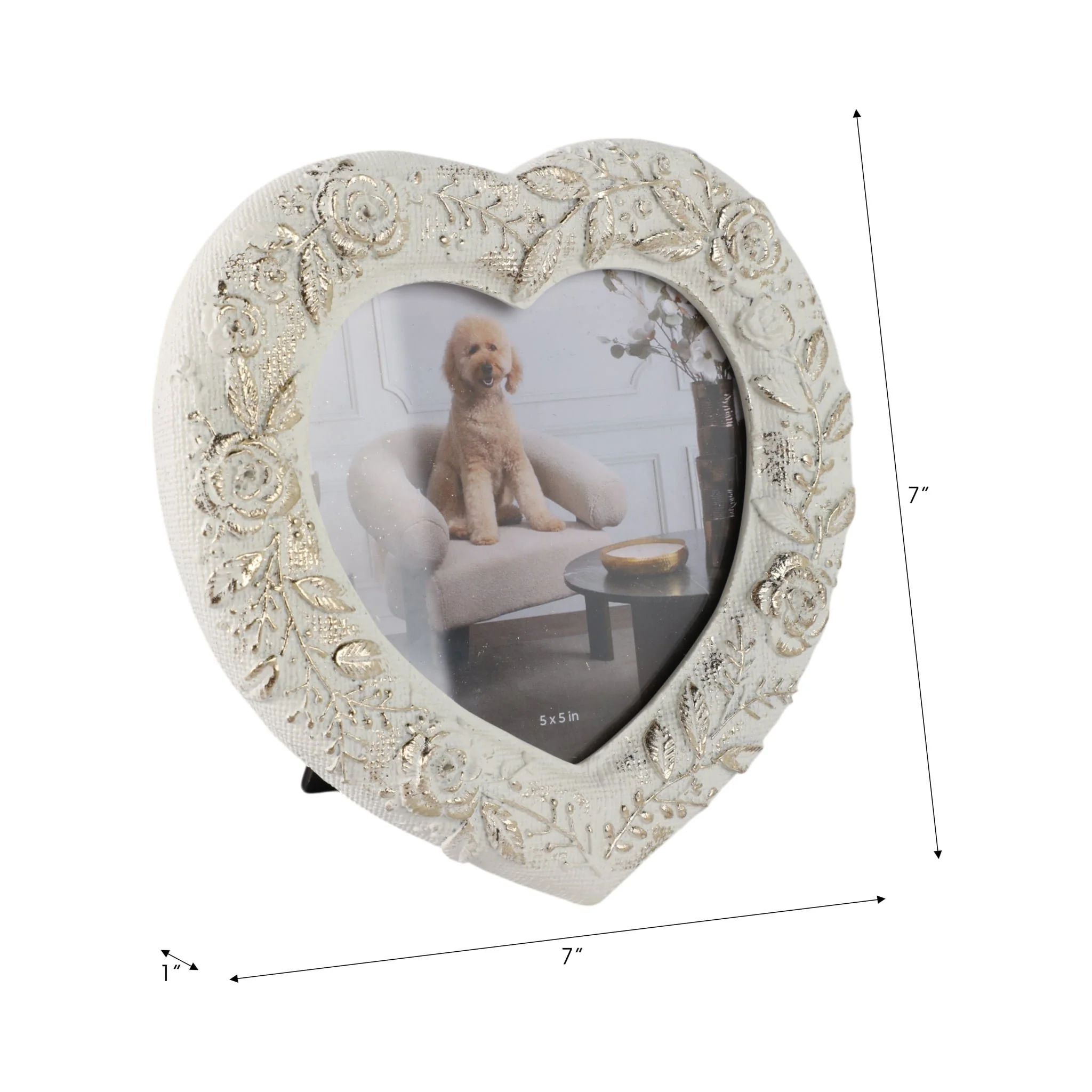 5x5 Stitched Border Heart Photo Frame, Ivory/gold - Image 7