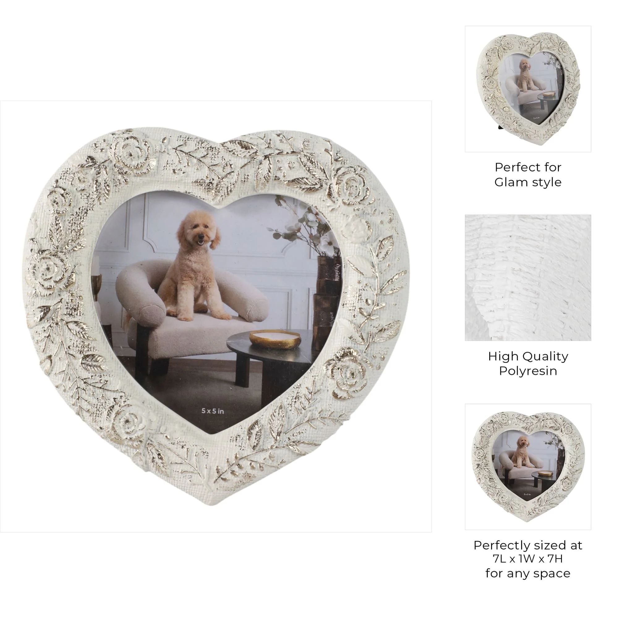 5x5 Stitched Border Heart Photo Frame, Ivory/gold - Image 8