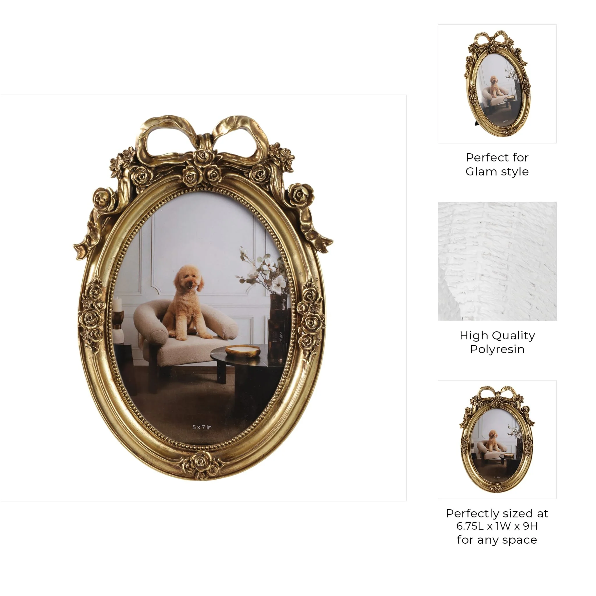 5x7 Resin Coquette Bow Oval Photo Frame, Gold - Image 8