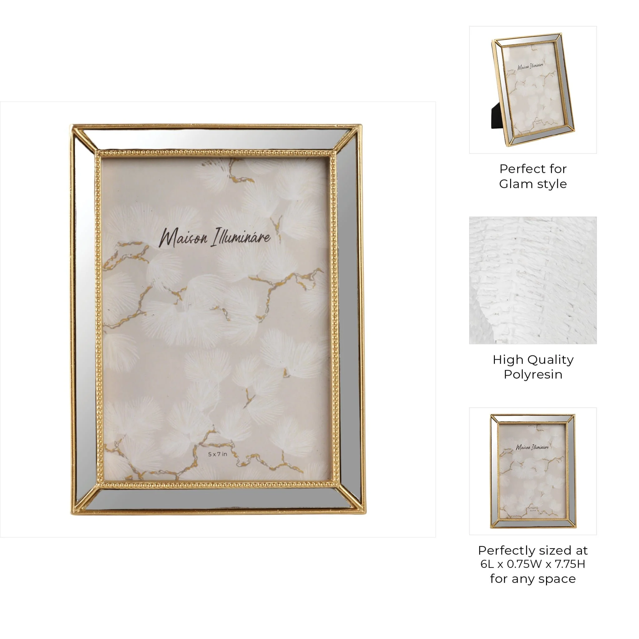5x7 Resin Mirrored Beaded Border Photo Frame, Gold - Image 8