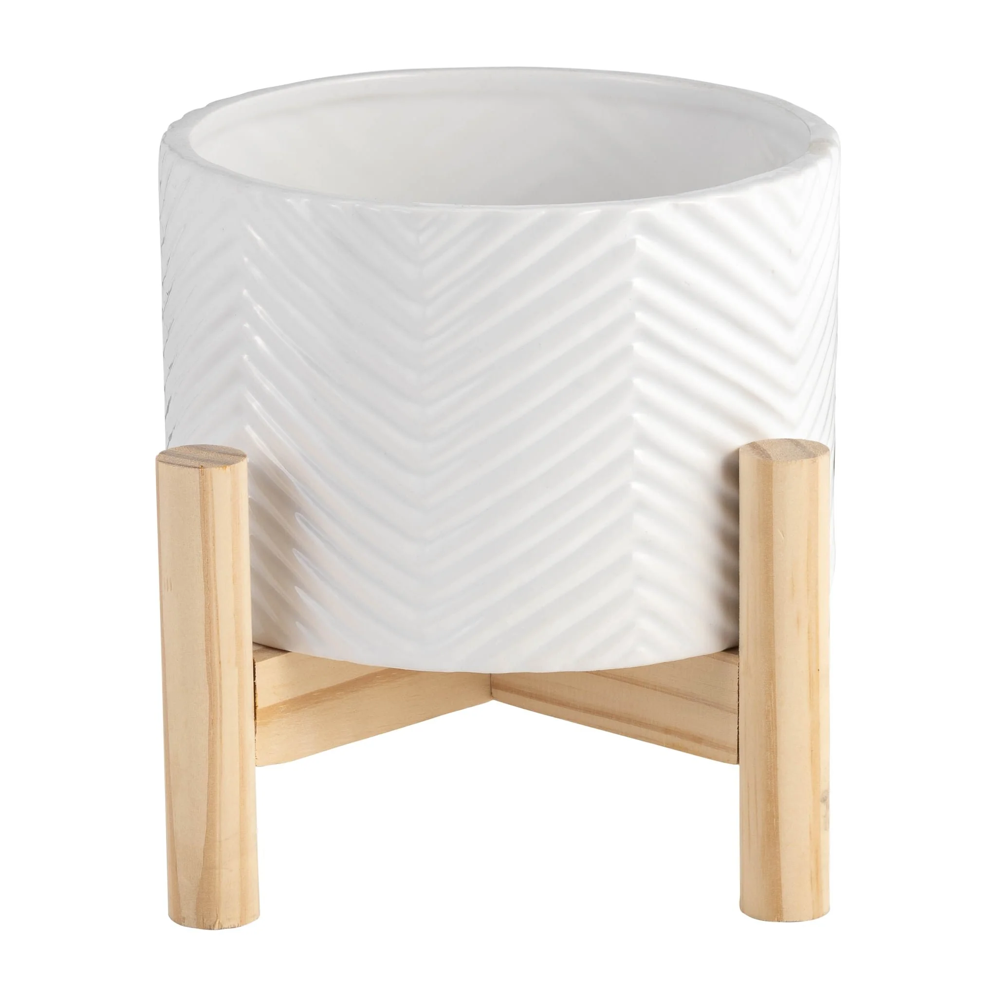 6" Ceramic Chevron Planter W/ Wood Stand, White - Image 2