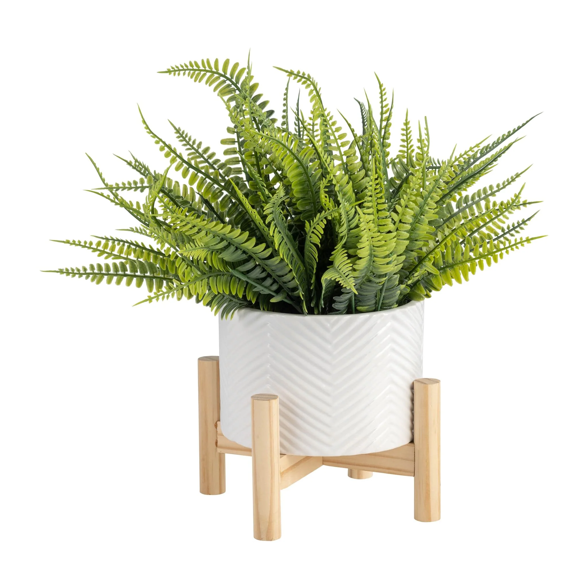 6" Ceramic Chevron Planter W/ Wood Stand, White - Image 4