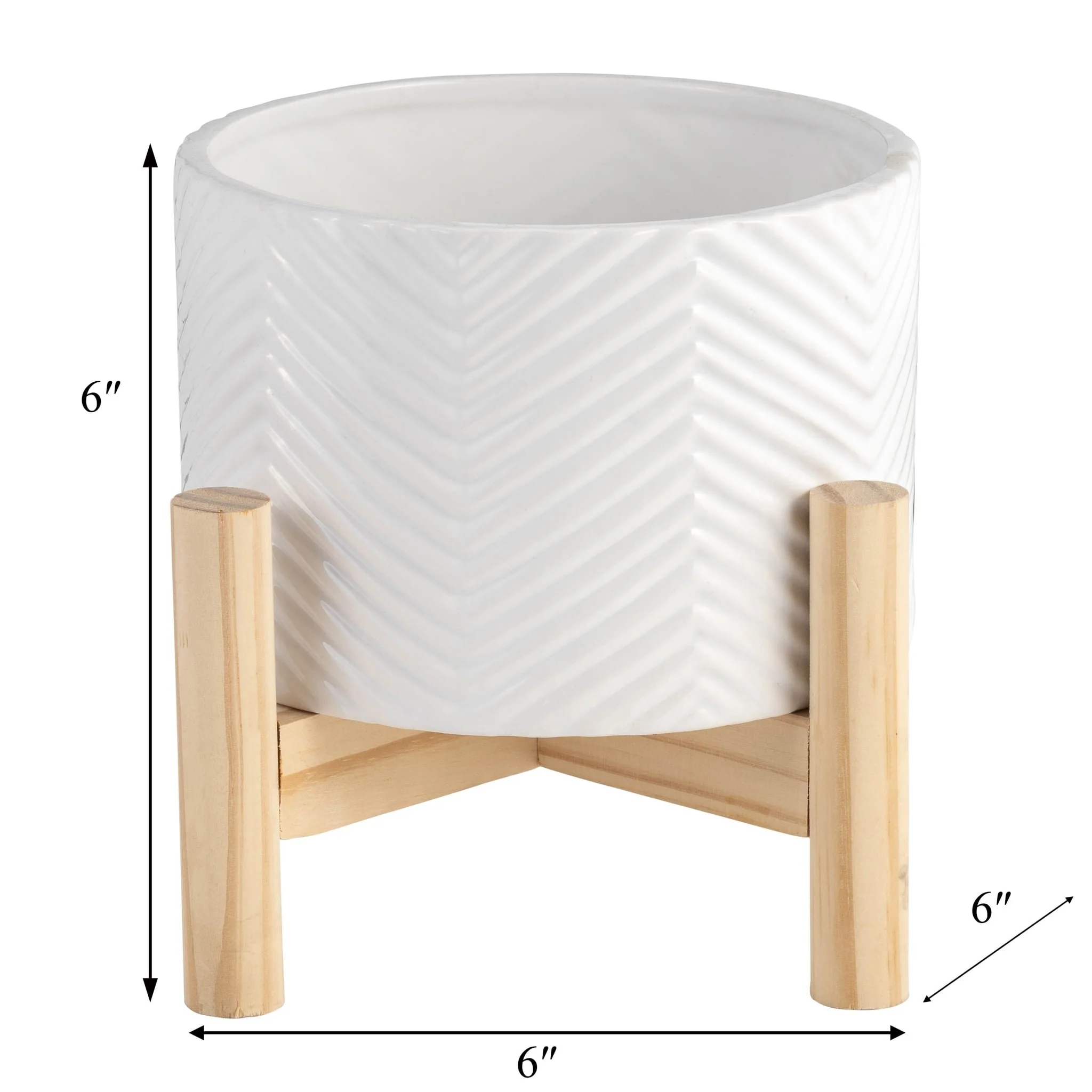 6" Ceramic Chevron Planter W/ Wood Stand, White - Image 8