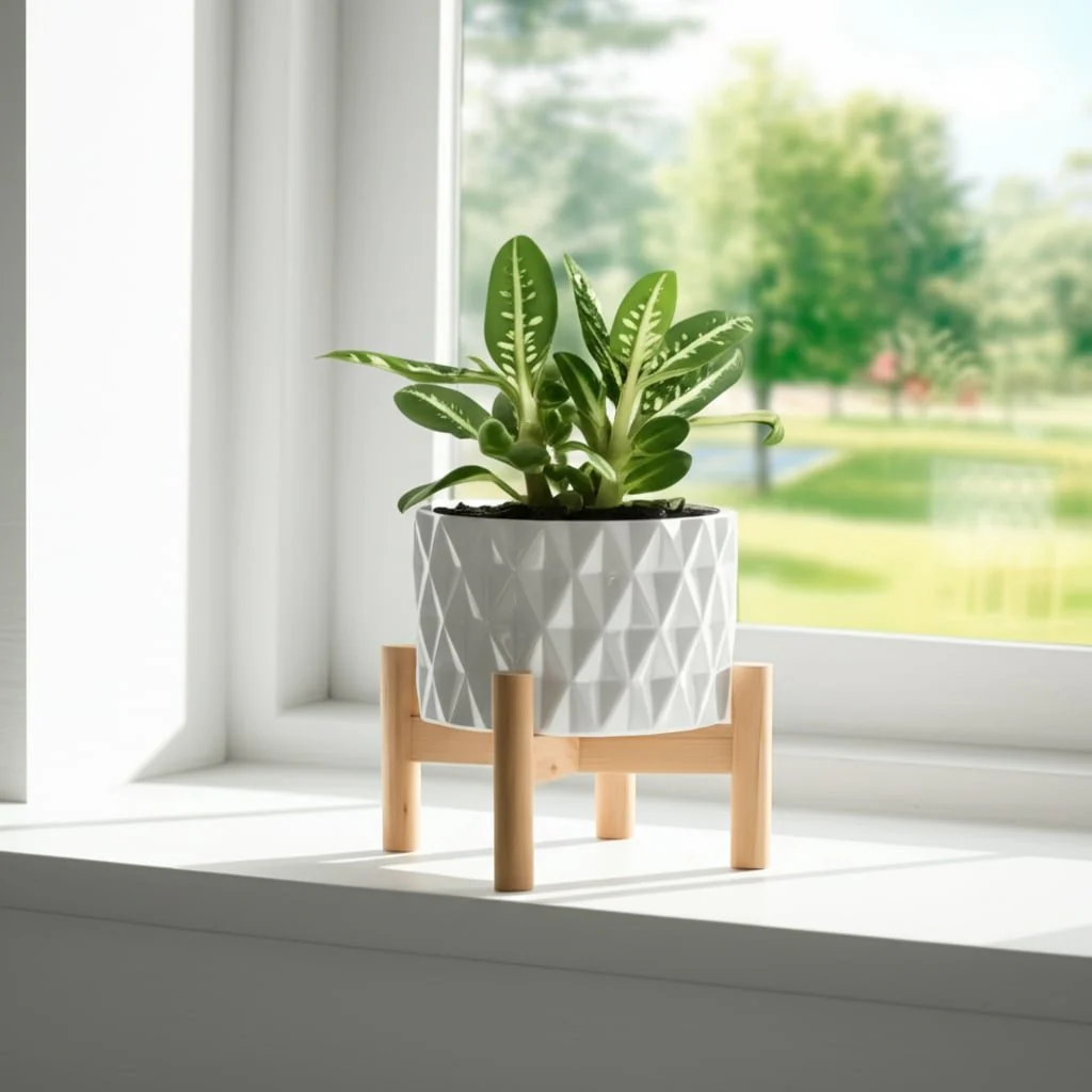 6" Ceramic Diamond Planter W/ Wood Stand, White - Image 12