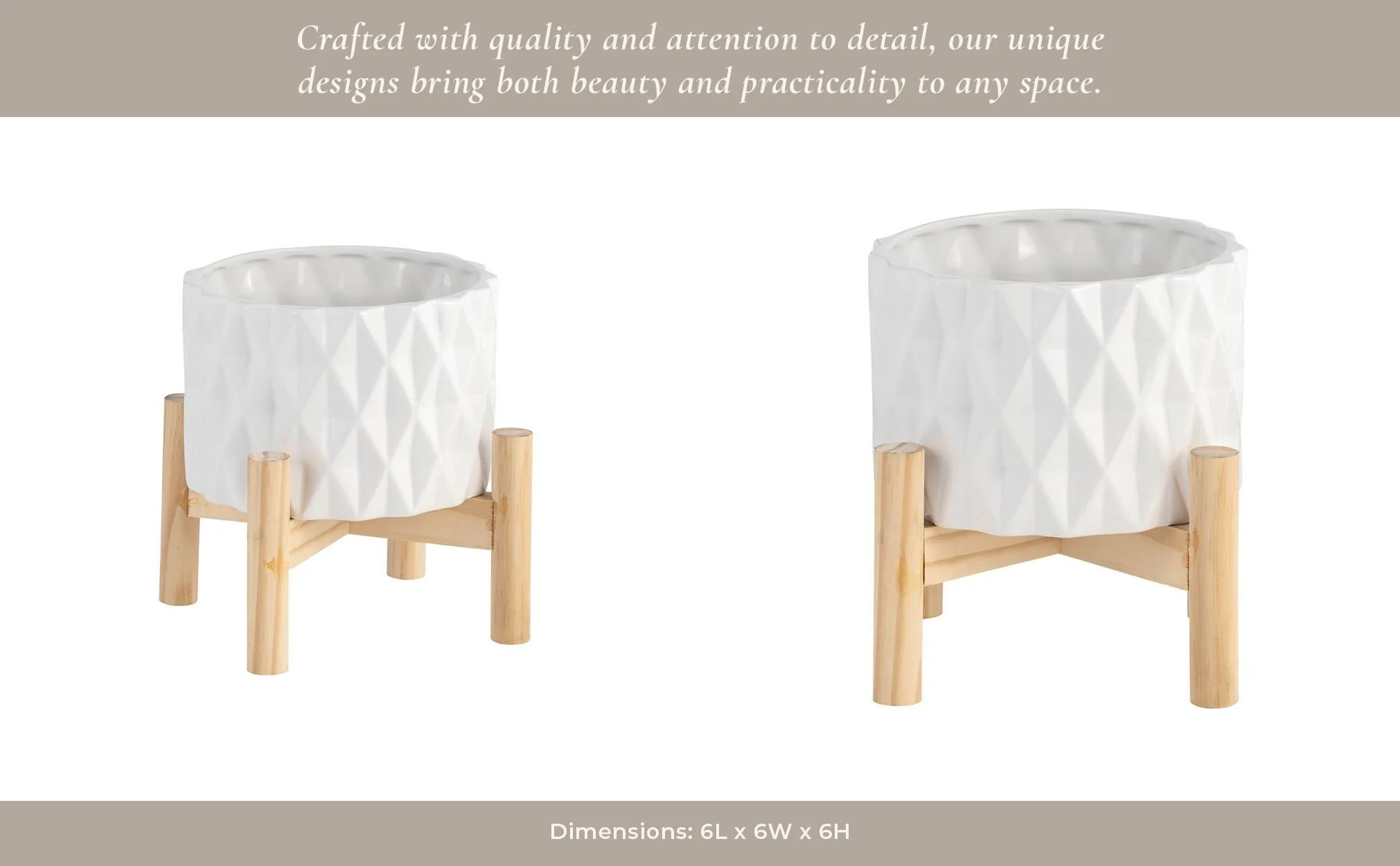 6" Ceramic Diamond Planter W/ Wood Stand, White - Image 13