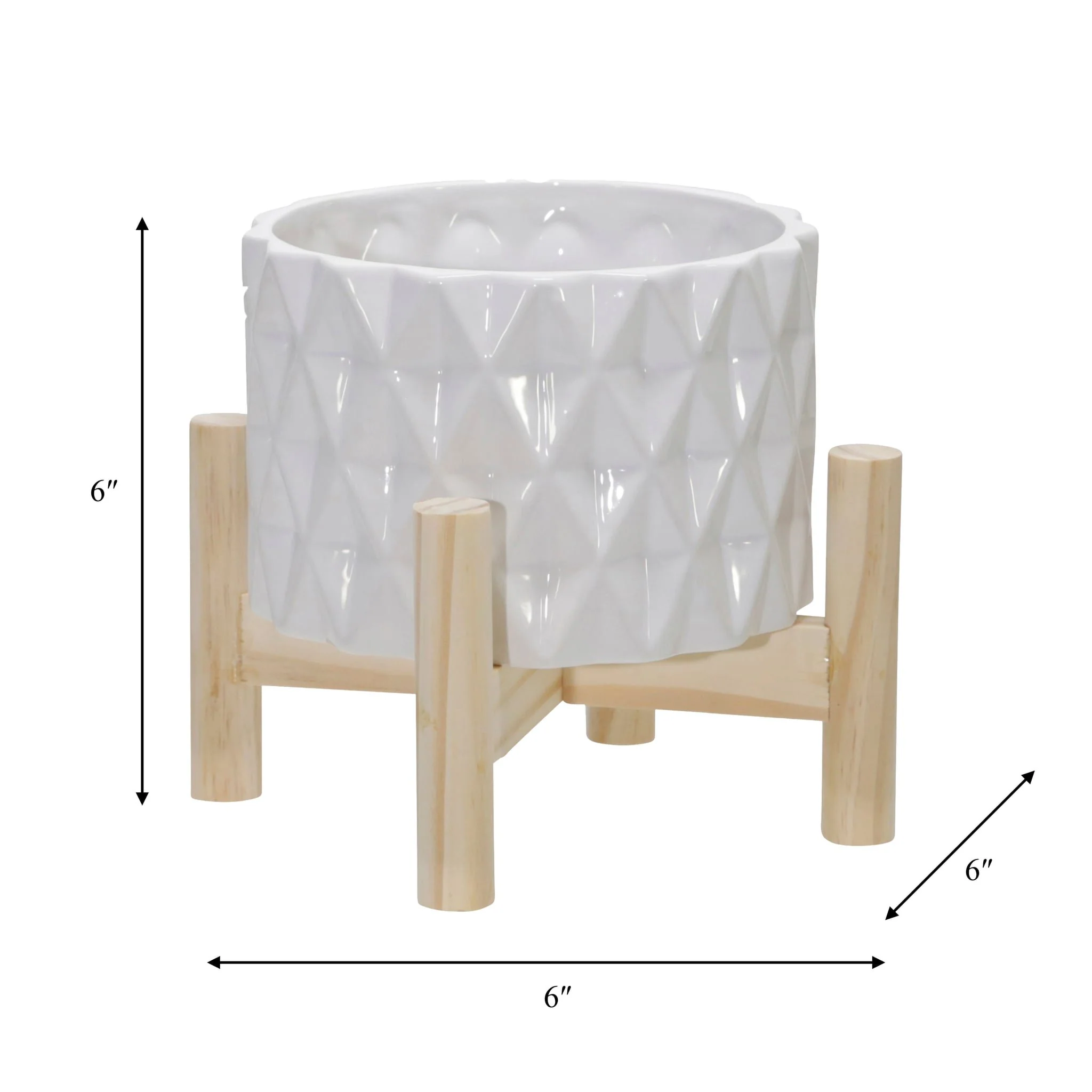 6" Ceramic Diamond Planter W/ Wood Stand, White - Image 9