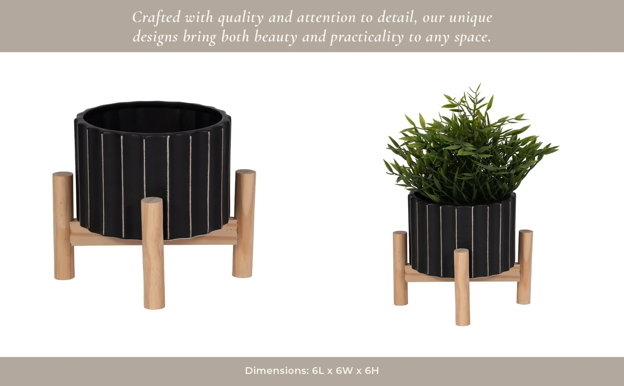 6" Ceramic Fluted Planter W/ Wood Stand, Black - Image 11