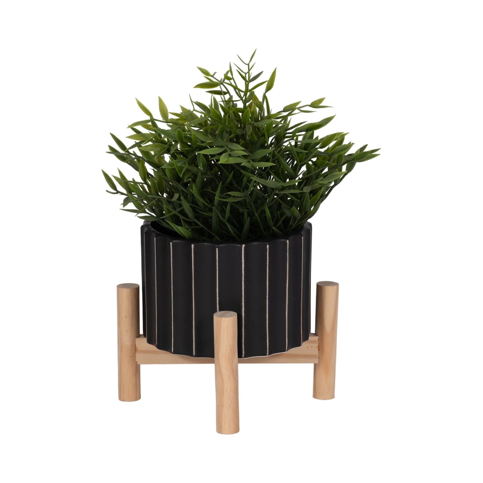 6" Ceramic Fluted Planter W/ Wood Stand, Black - Image 2