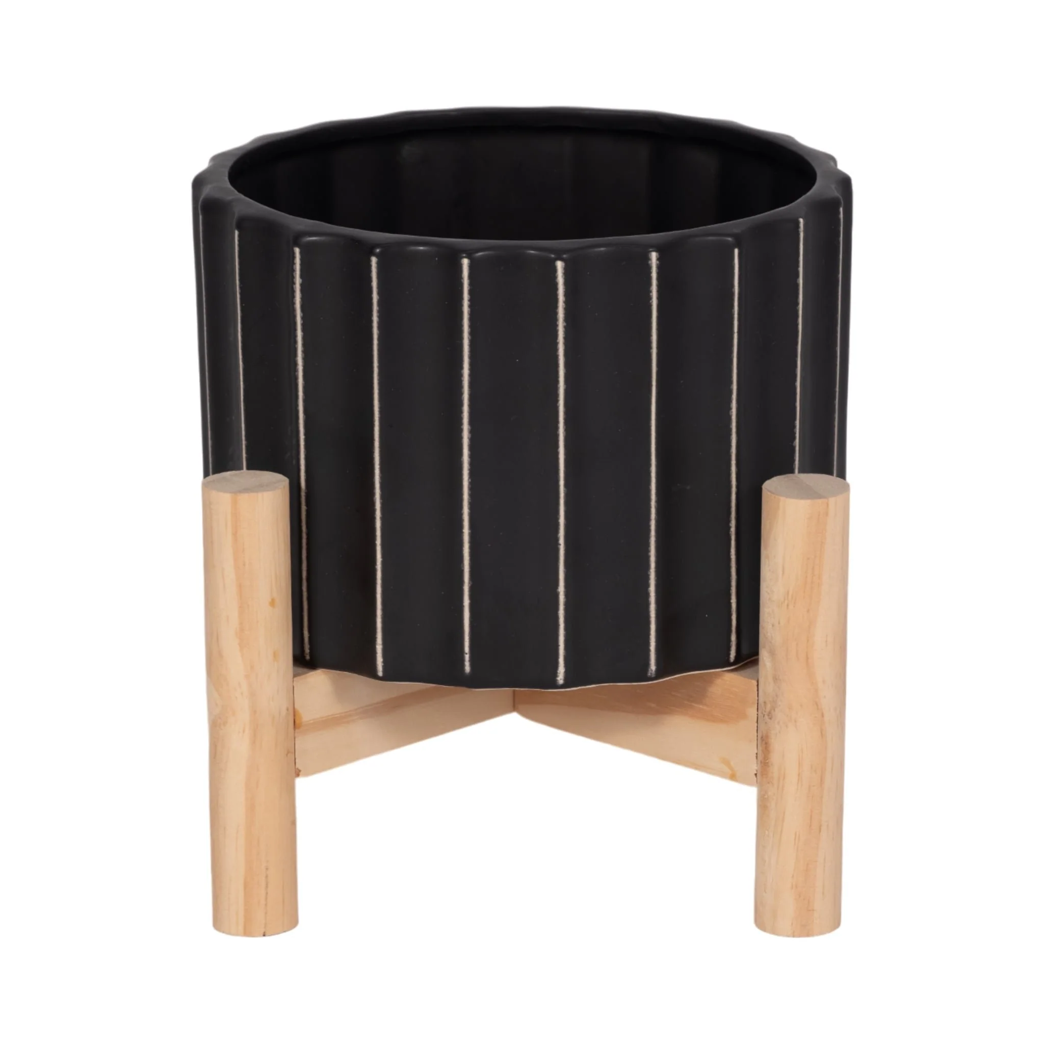 6" Ceramic Fluted Planter W/ Wood Stand, Black - Image 4