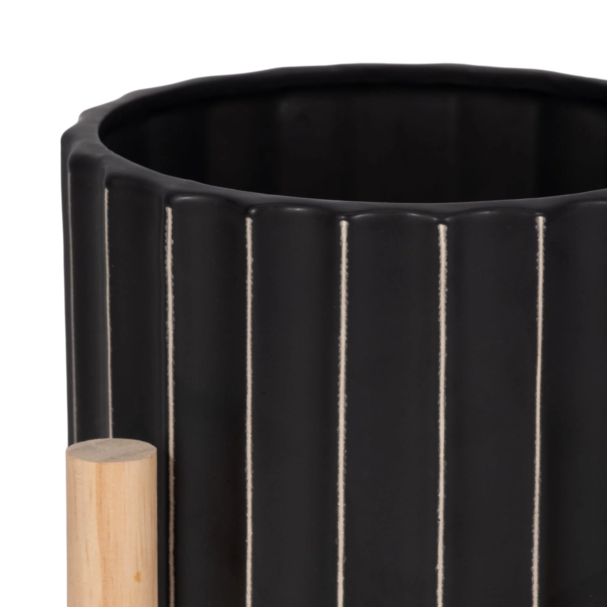 6" Ceramic Fluted Planter W/ Wood Stand, Black - Image 5