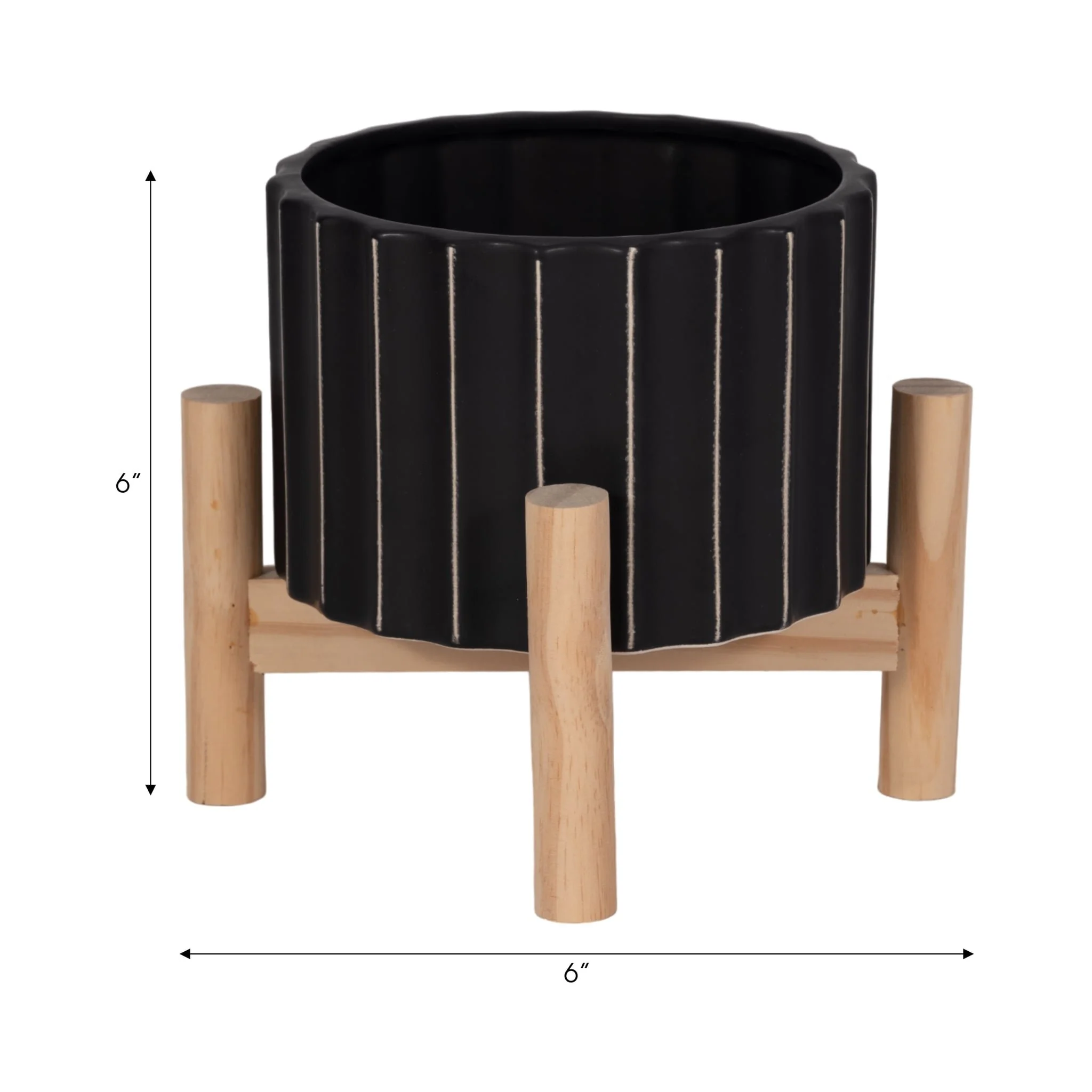 6" Ceramic Fluted Planter W/ Wood Stand, Black - Image 8