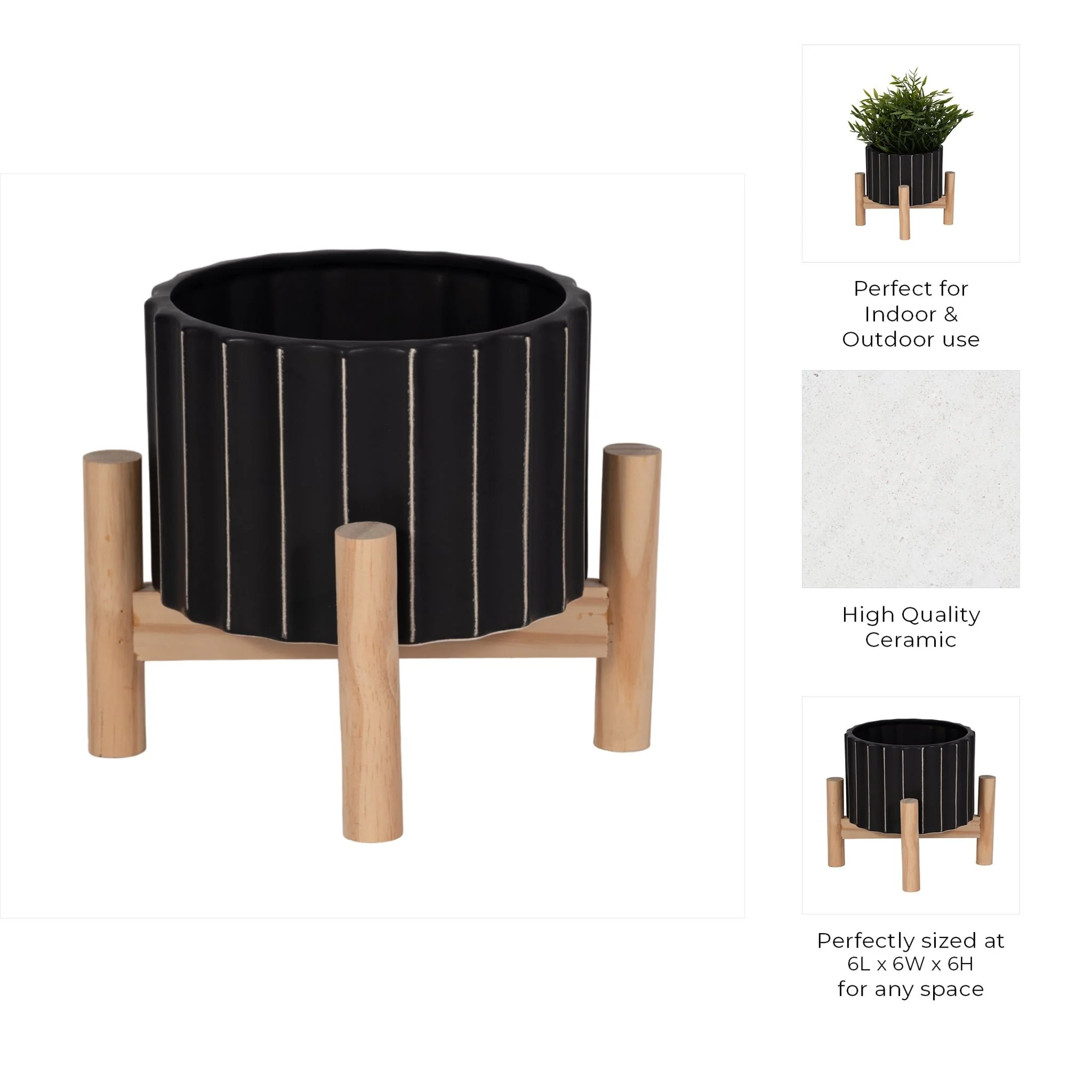 6" Ceramic Fluted Planter W/ Wood Stand, Black - Image 9
