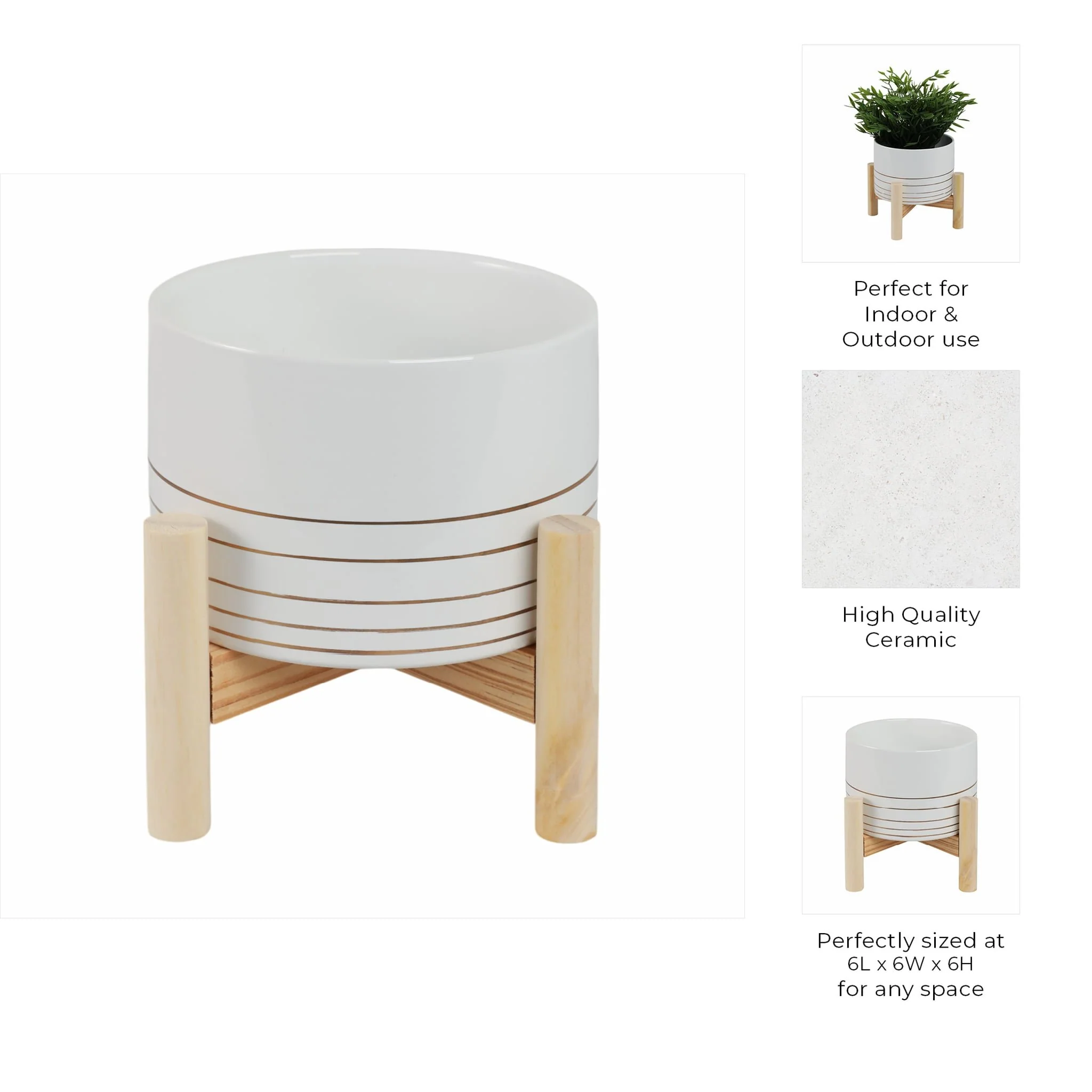 6" Ceramic Metallic Planter W/ Wood Stand, White - Image 10