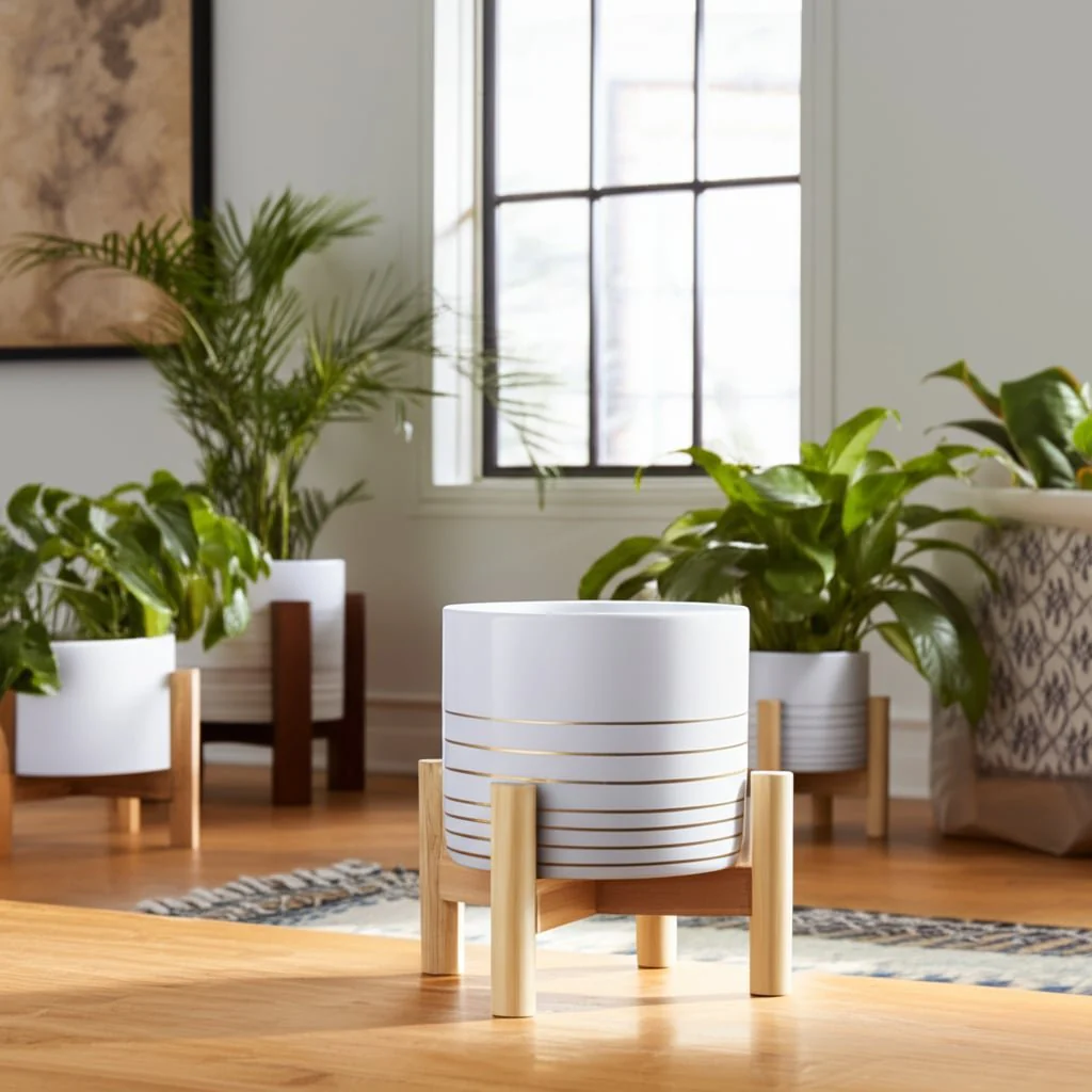 6" Ceramic Metallic Planter W/ Wood Stand, White - Image 12