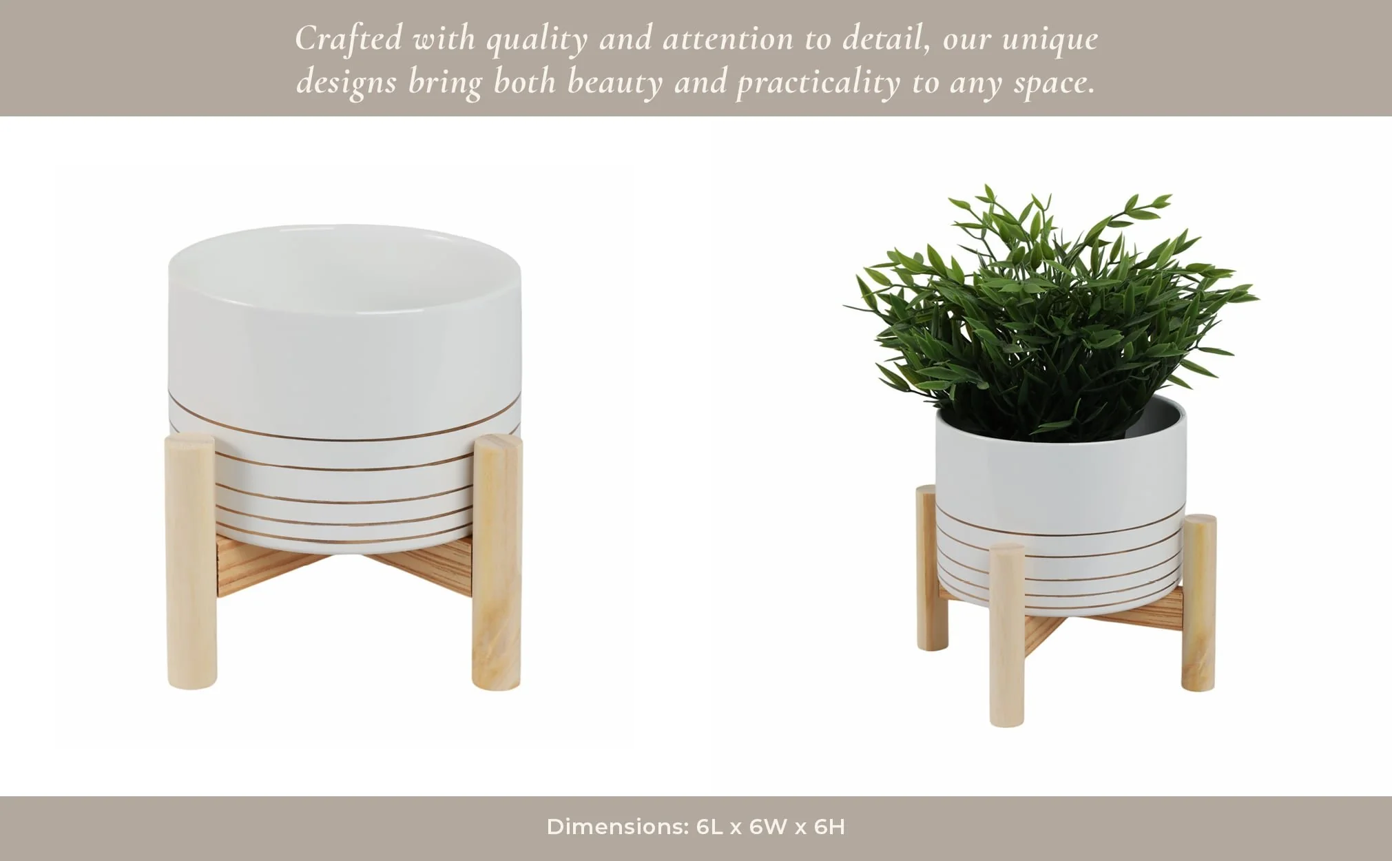 6" Ceramic Metallic Planter W/ Wood Stand, White - Image 13