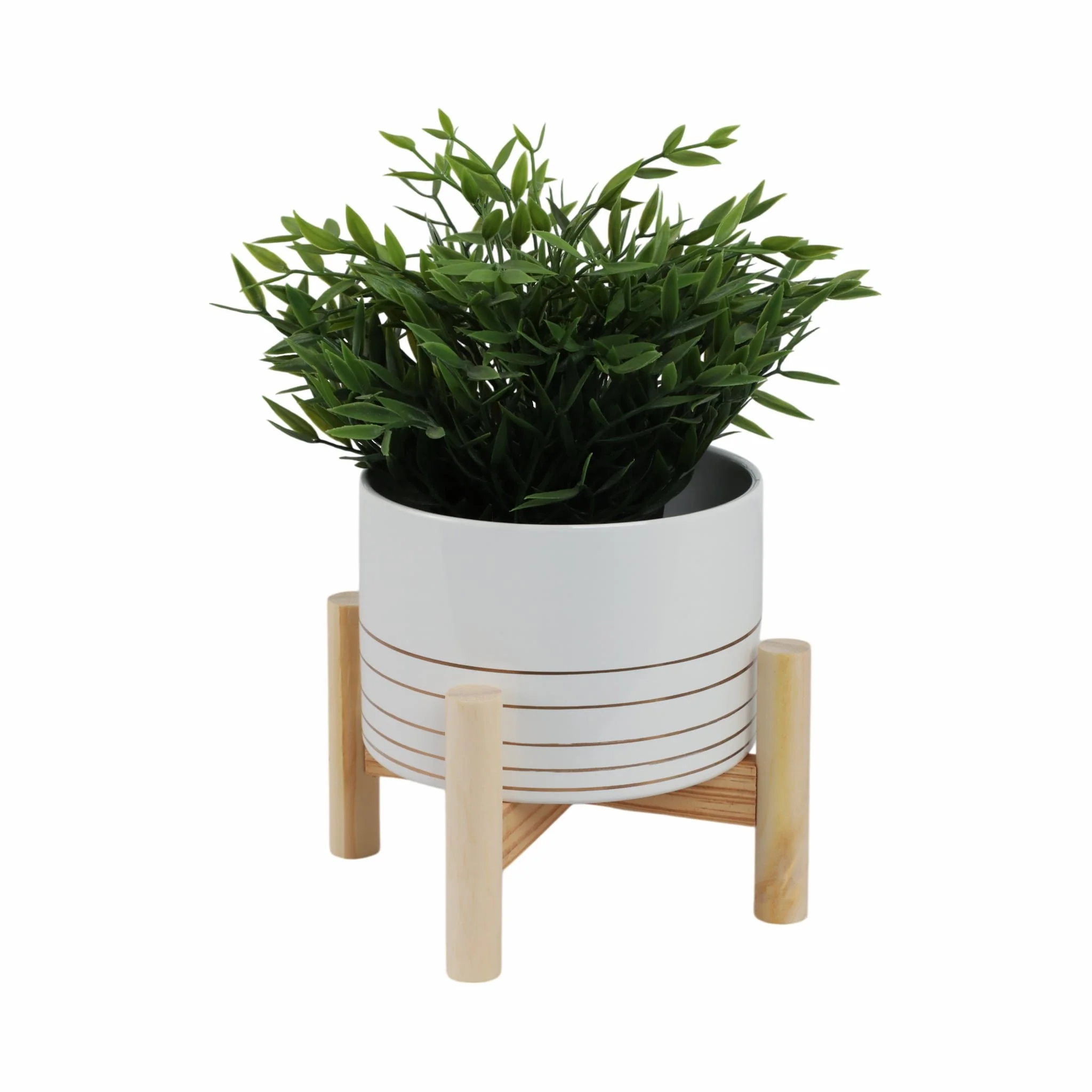 6" Ceramic Metallic Planter W/ Wood Stand, White - Image 2