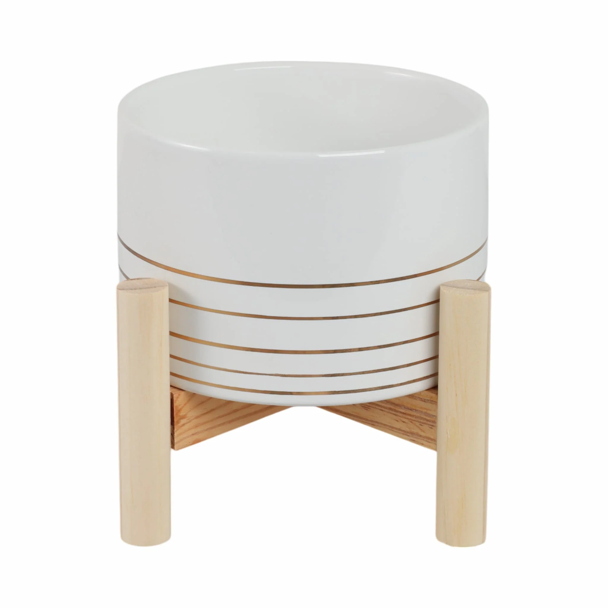 6" Ceramic Metallic Planter W/ Wood Stand, White - Image 4