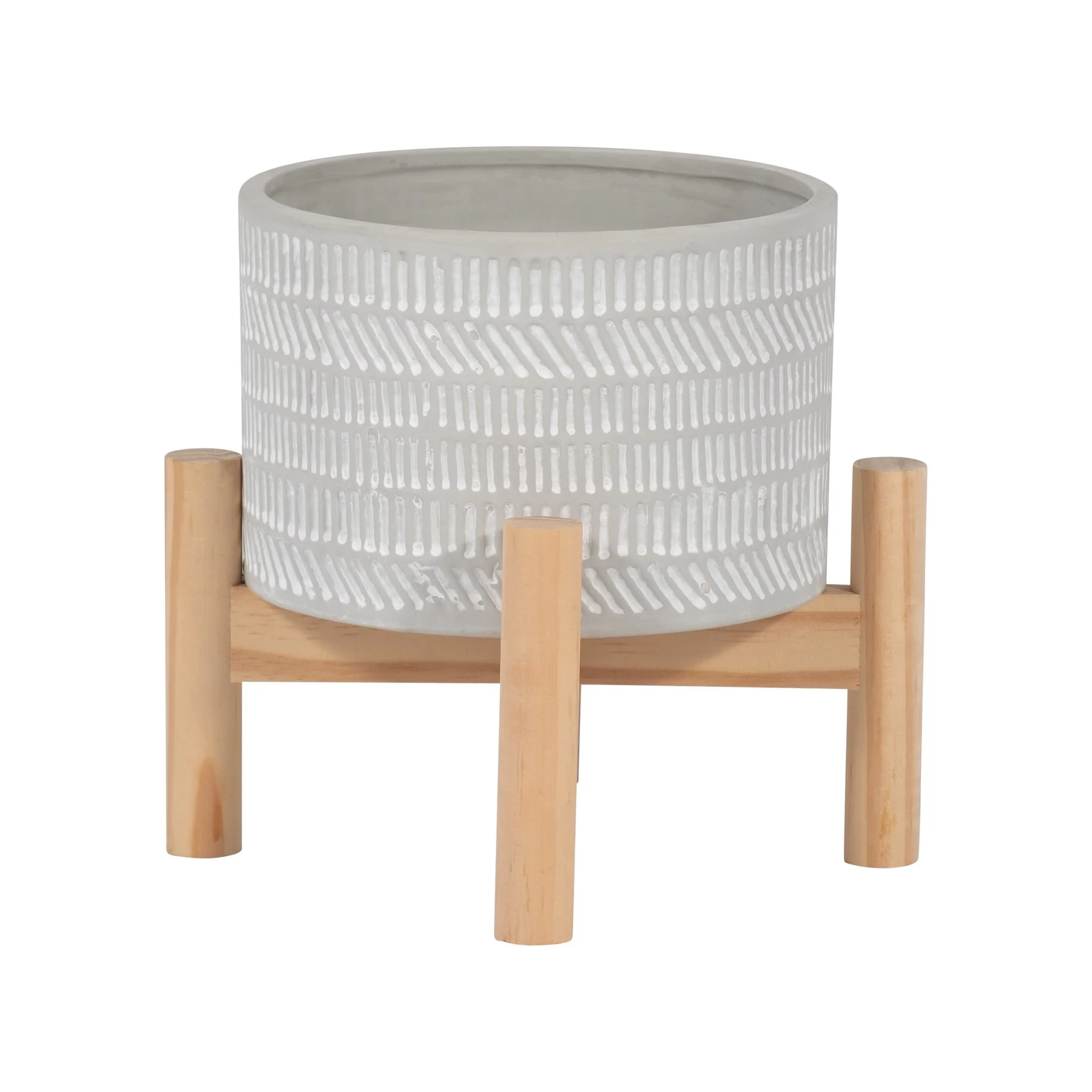 6" Ceramic Tribal Planter W/ Wood Stand, Beige - Image 2