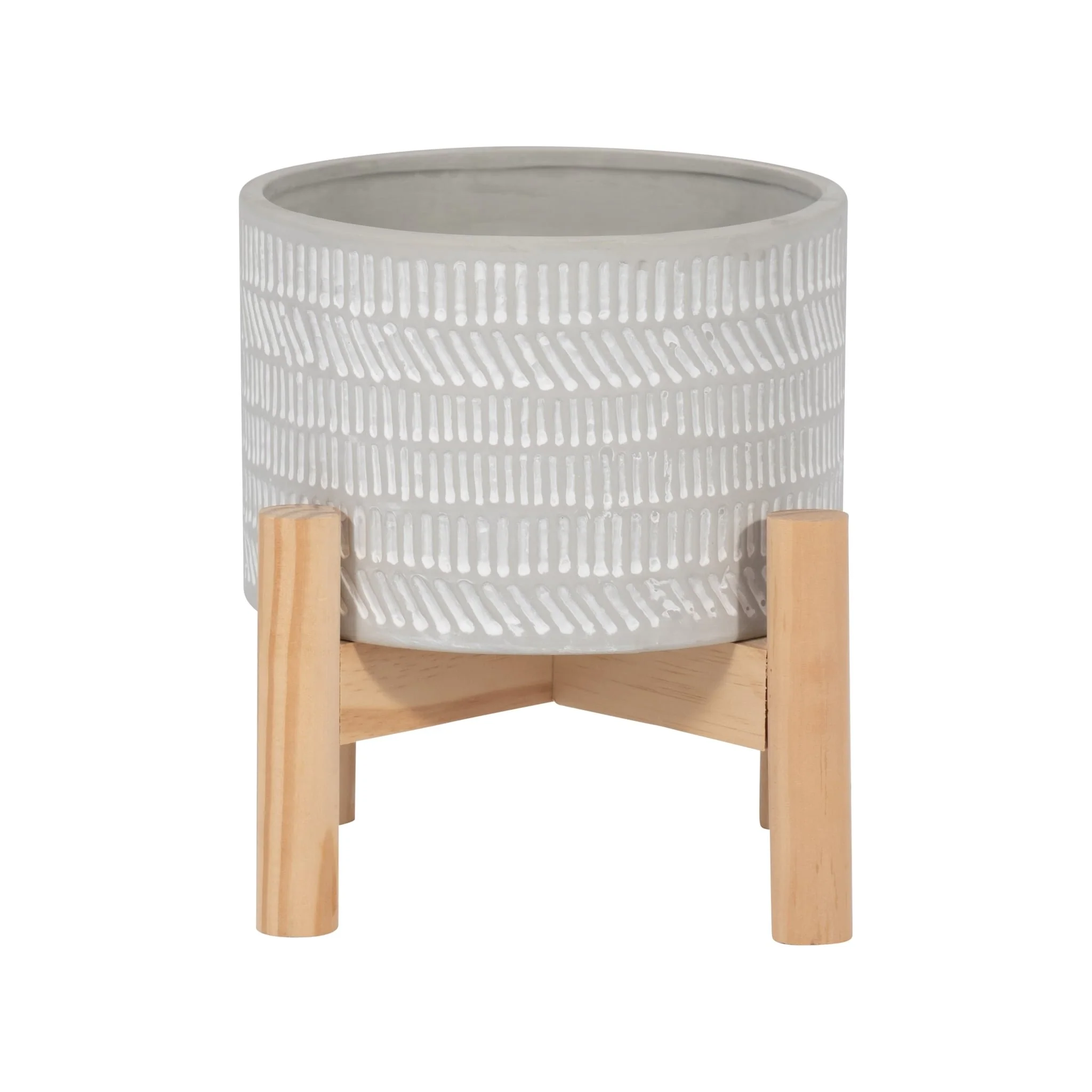 6" Ceramic Tribal Planter W/ Wood Stand, Beige - Image 3