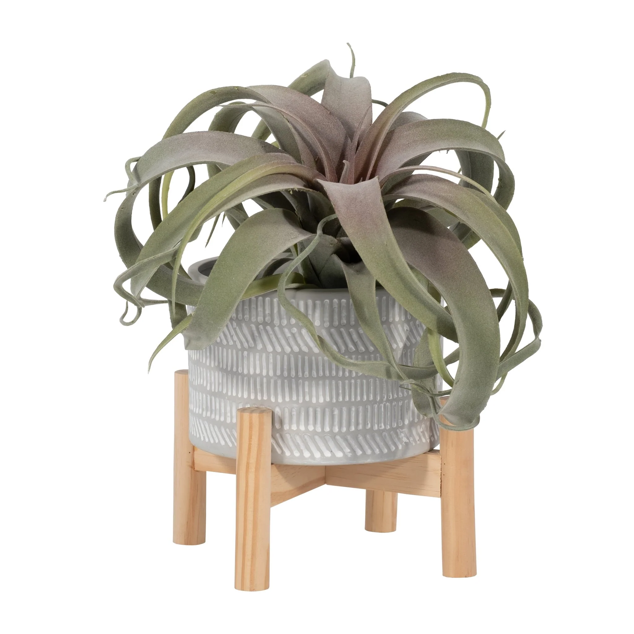 6" Ceramic Tribal Planter W/ Wood Stand, Beige - Image 4