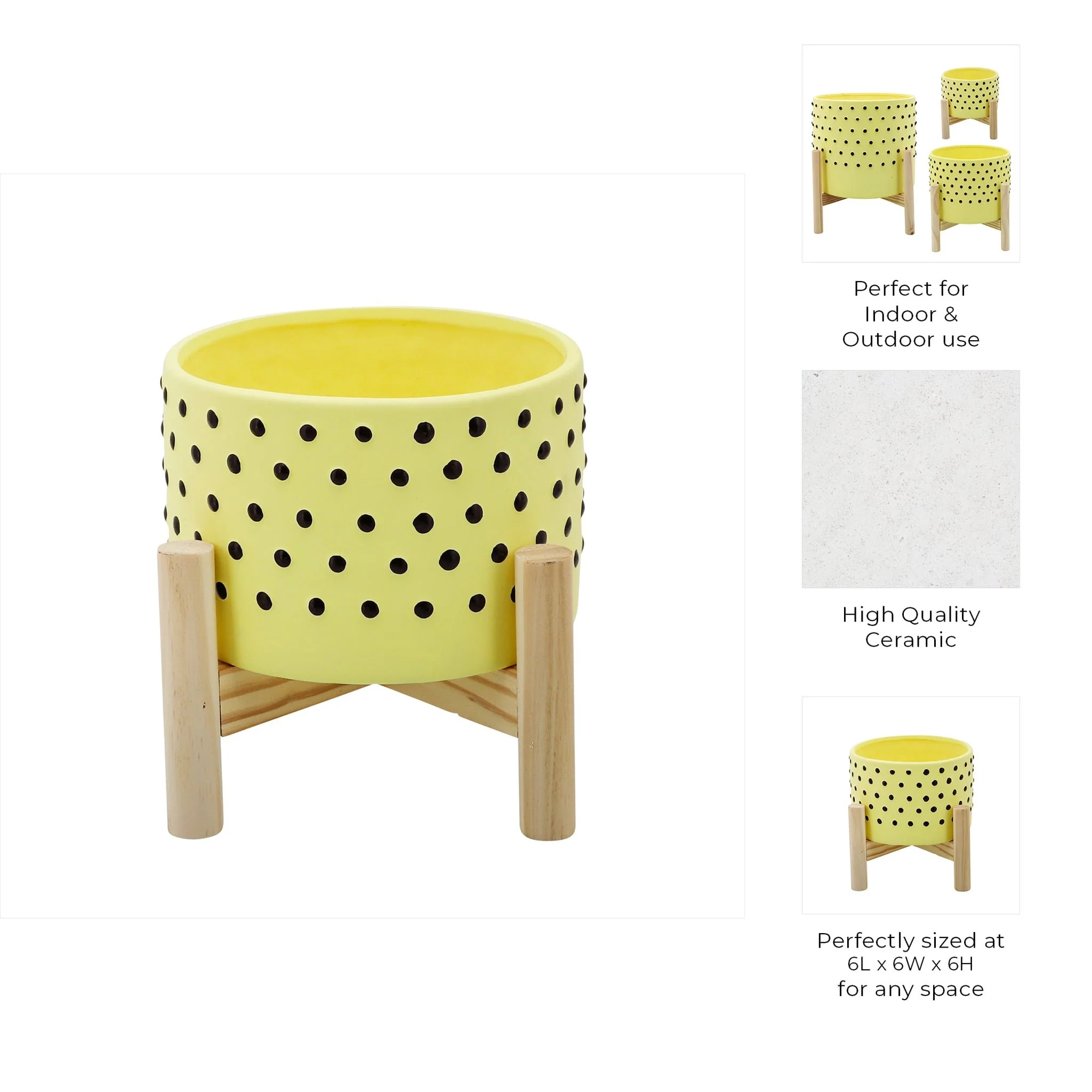 6" Dotted Planter W/ Wood Stand, Yellow - Image 4