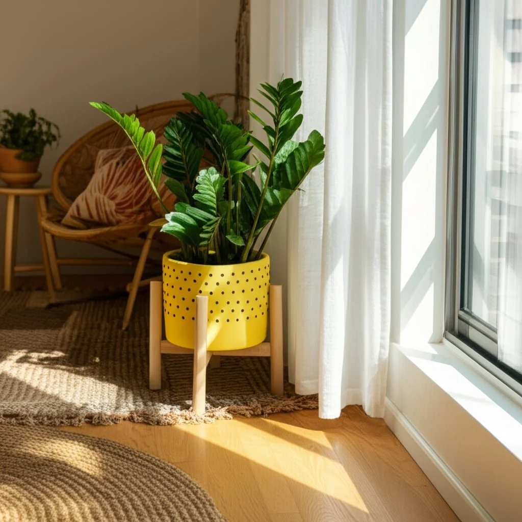 6" Dotted Planter W/ Wood Stand, Yellow - Image 5