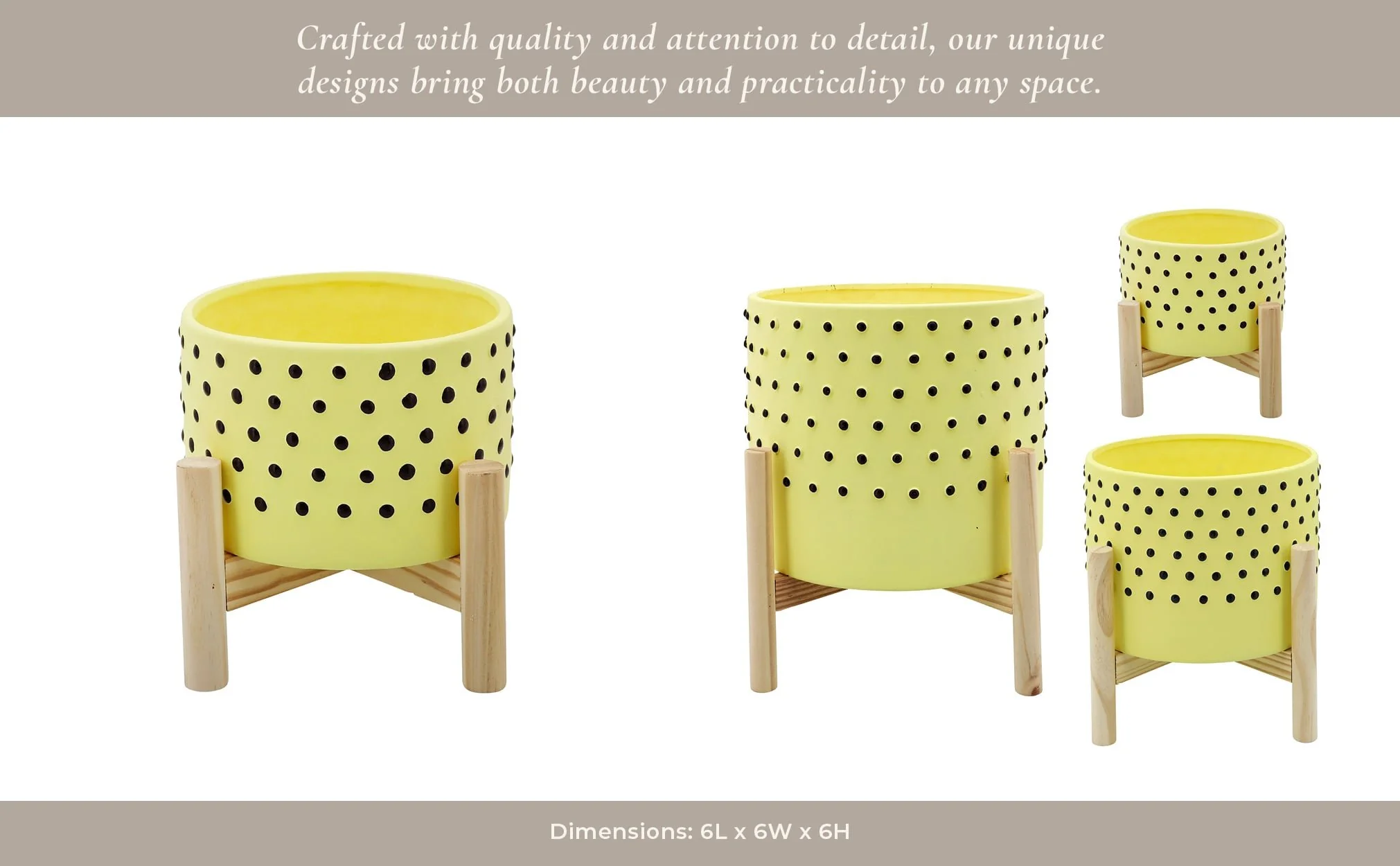 6" Dotted Planter W/ Wood Stand, Yellow - Image 6