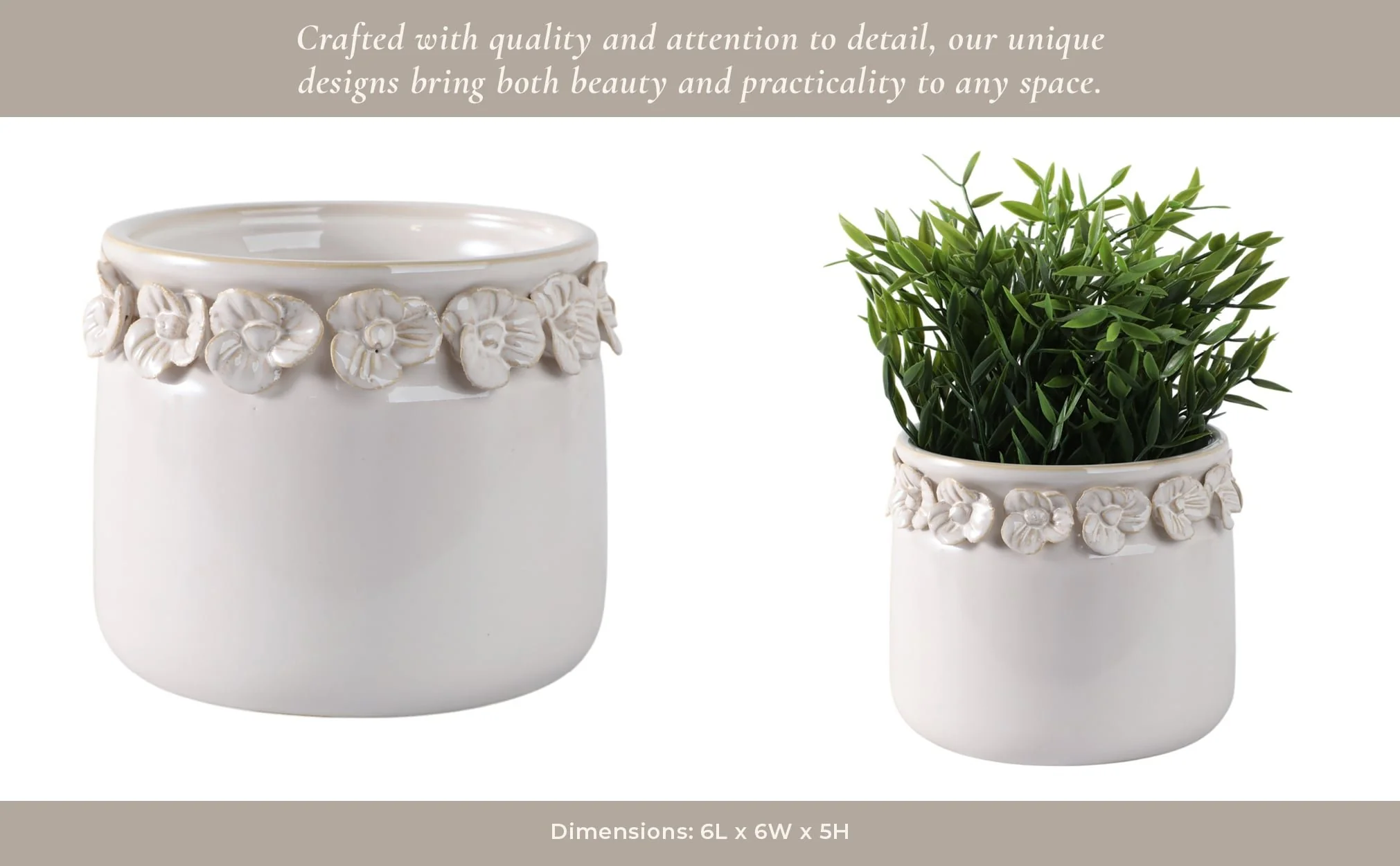 6"  Floral Applique Planter,  Ivory - Image 13