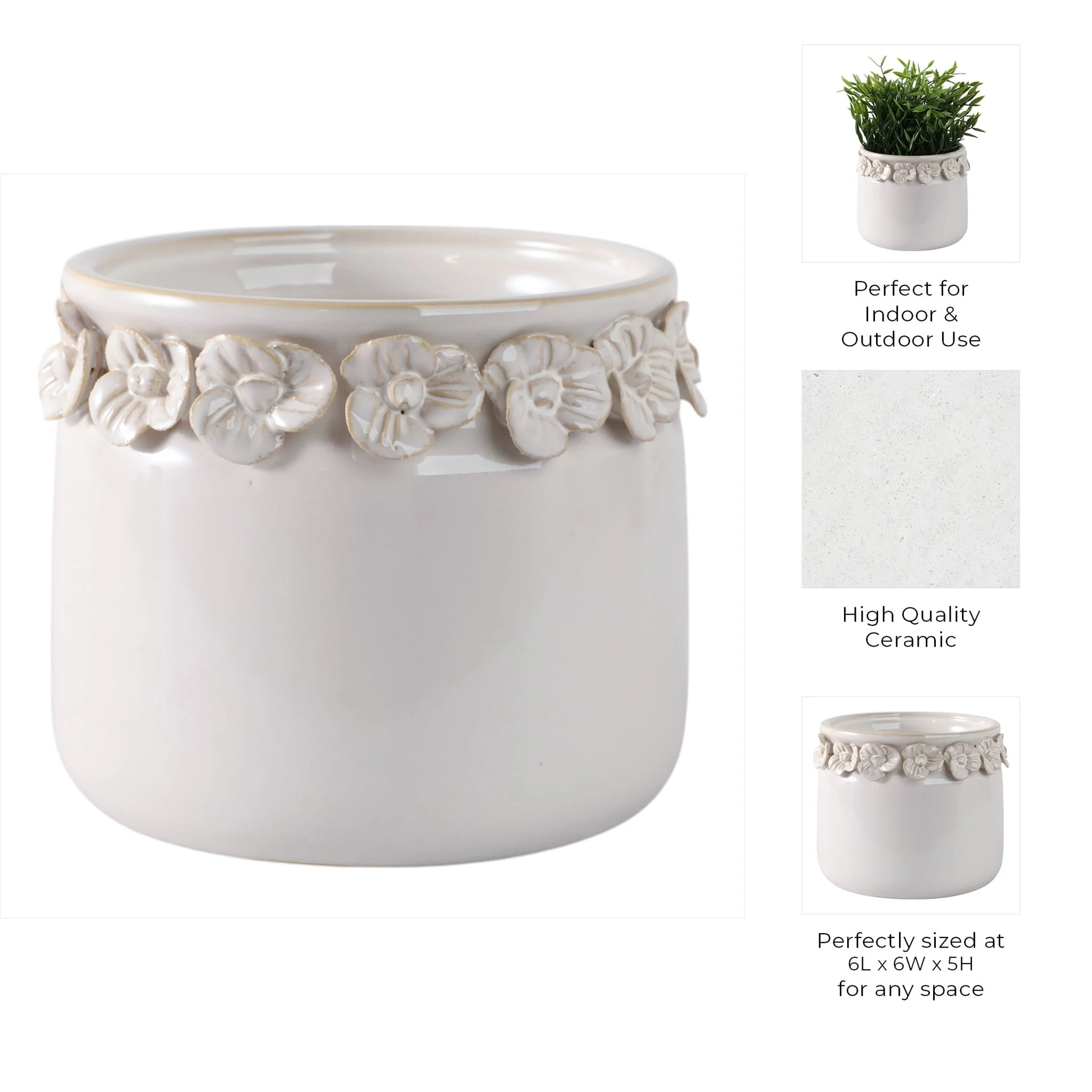 6"  Floral Applique Planter,  Ivory - Image 9