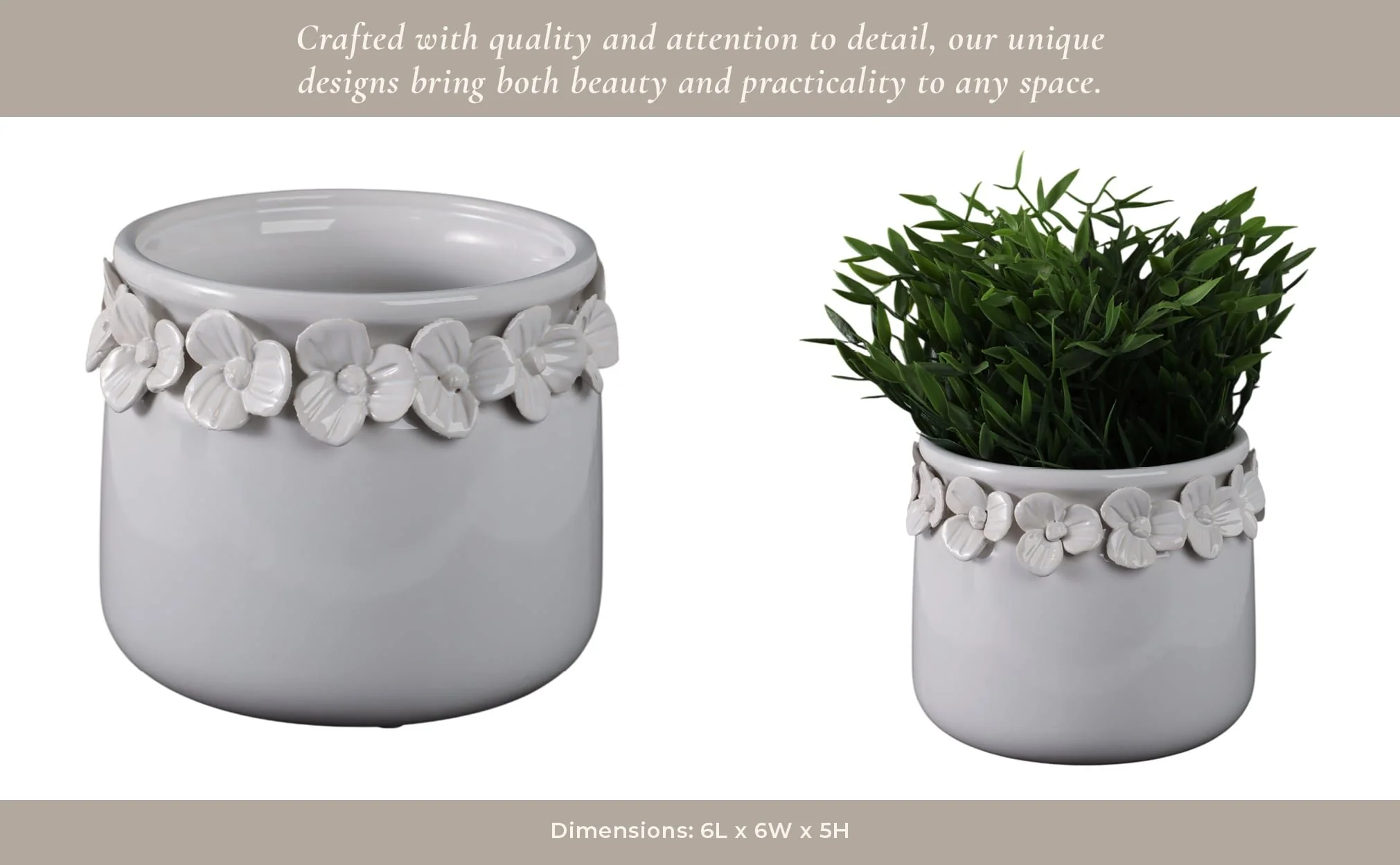 6"  Floral Applique Planter,  White - Image 13