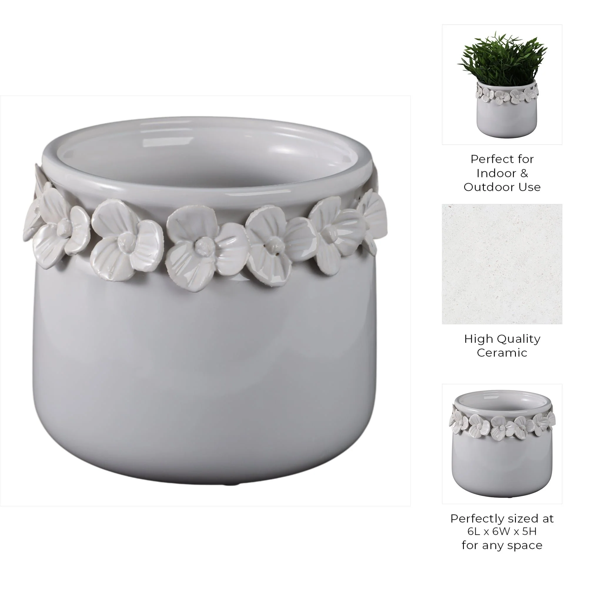6"  Floral Applique Planter,  White - Image 9