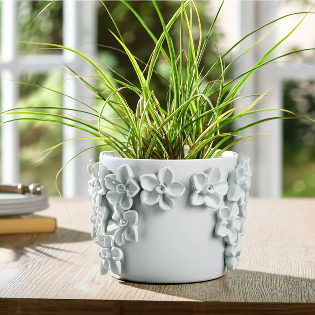 6" Floral Applique Planter, White - Image 10