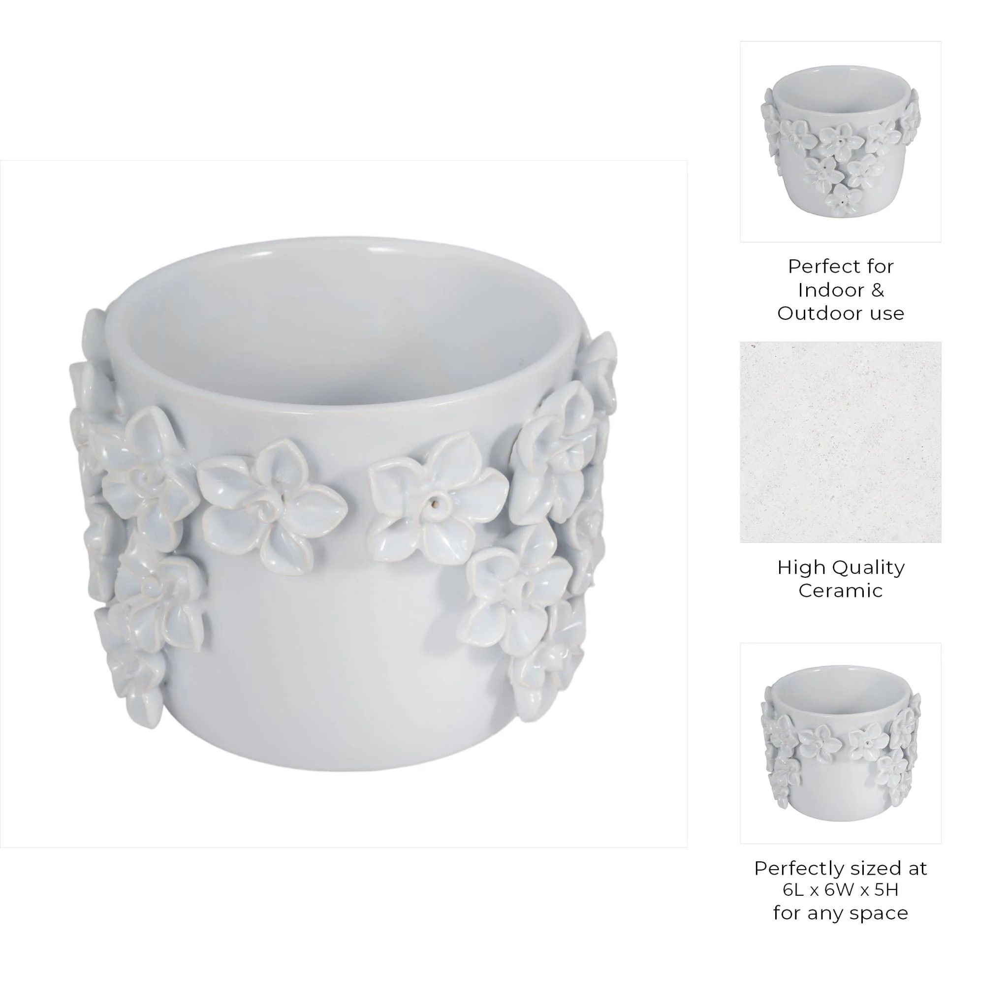 6" Floral Applique Planter, White - Image 8