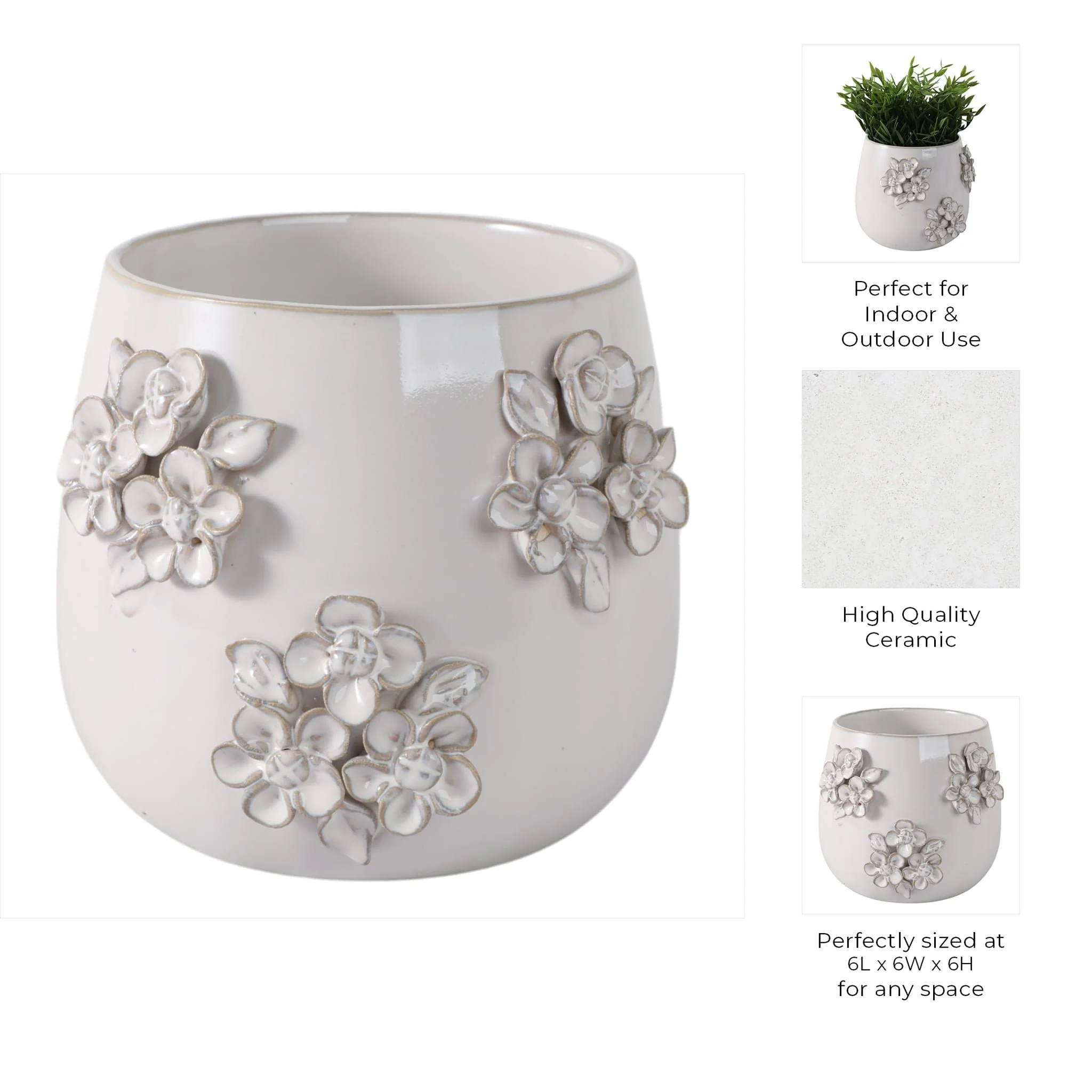 6" Flower Bunches Applique Planter, Ivory - Image 10