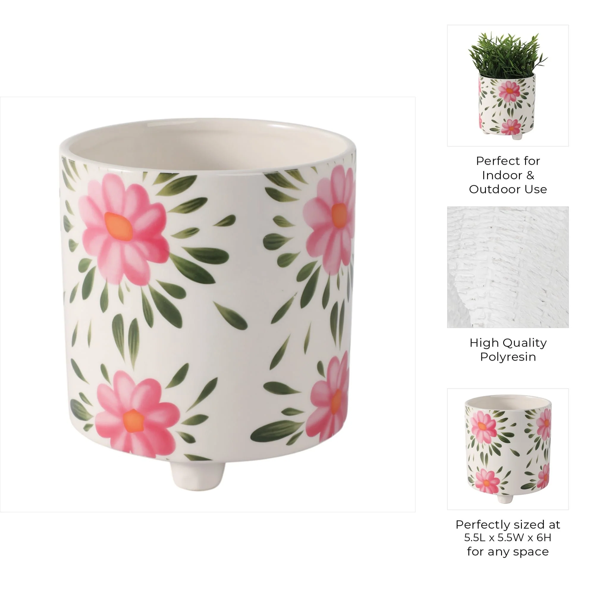 6" Footed Hand Painted Pink Flower Planter, Multi - Image 10