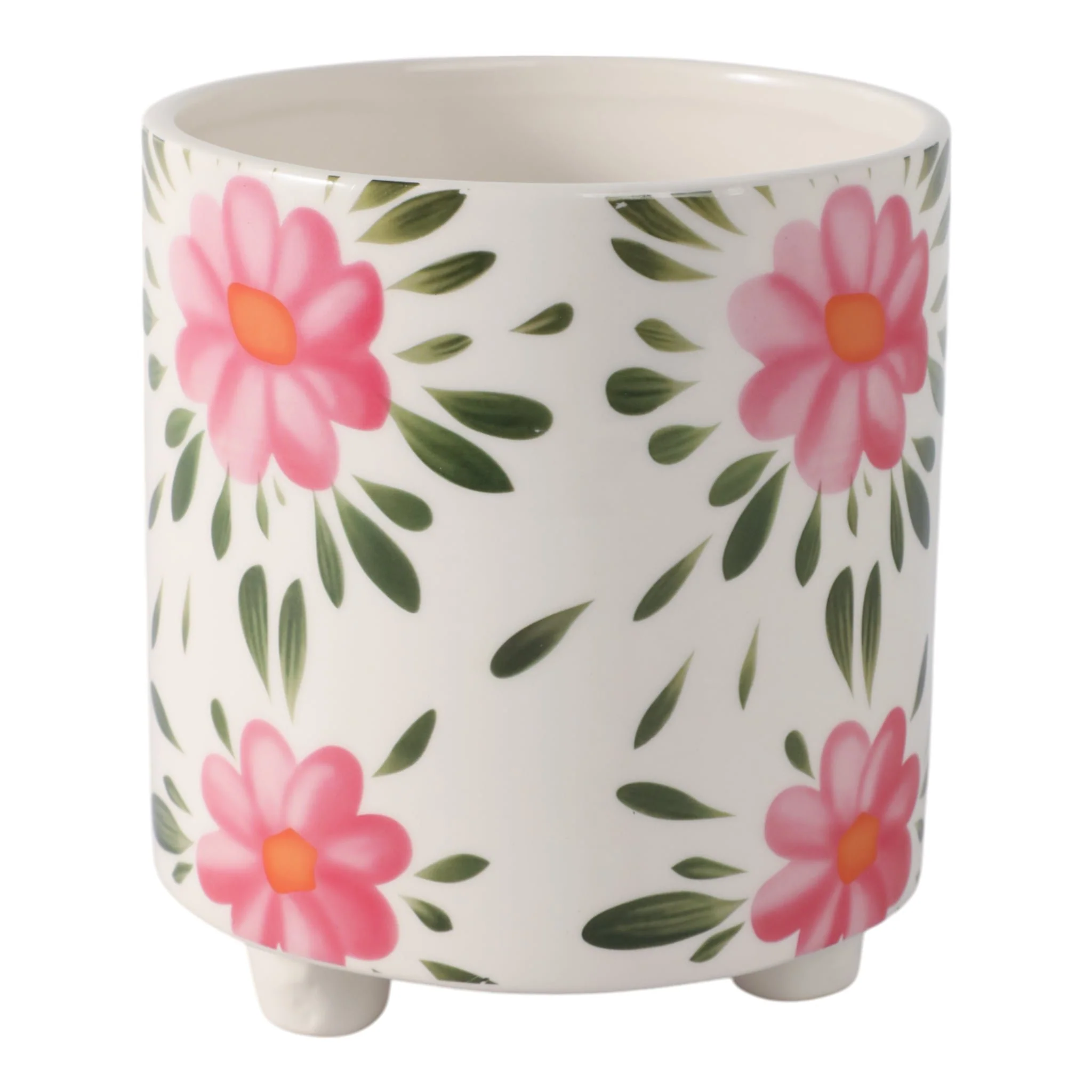 6" Footed Hand Painted Pink Flower Planter, Multi - Image 3