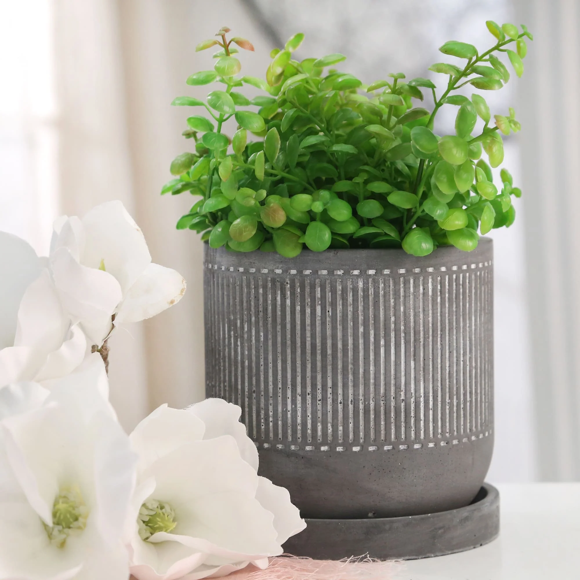6" Line Pattern Planter W/ Saucer, Gray - Image 3