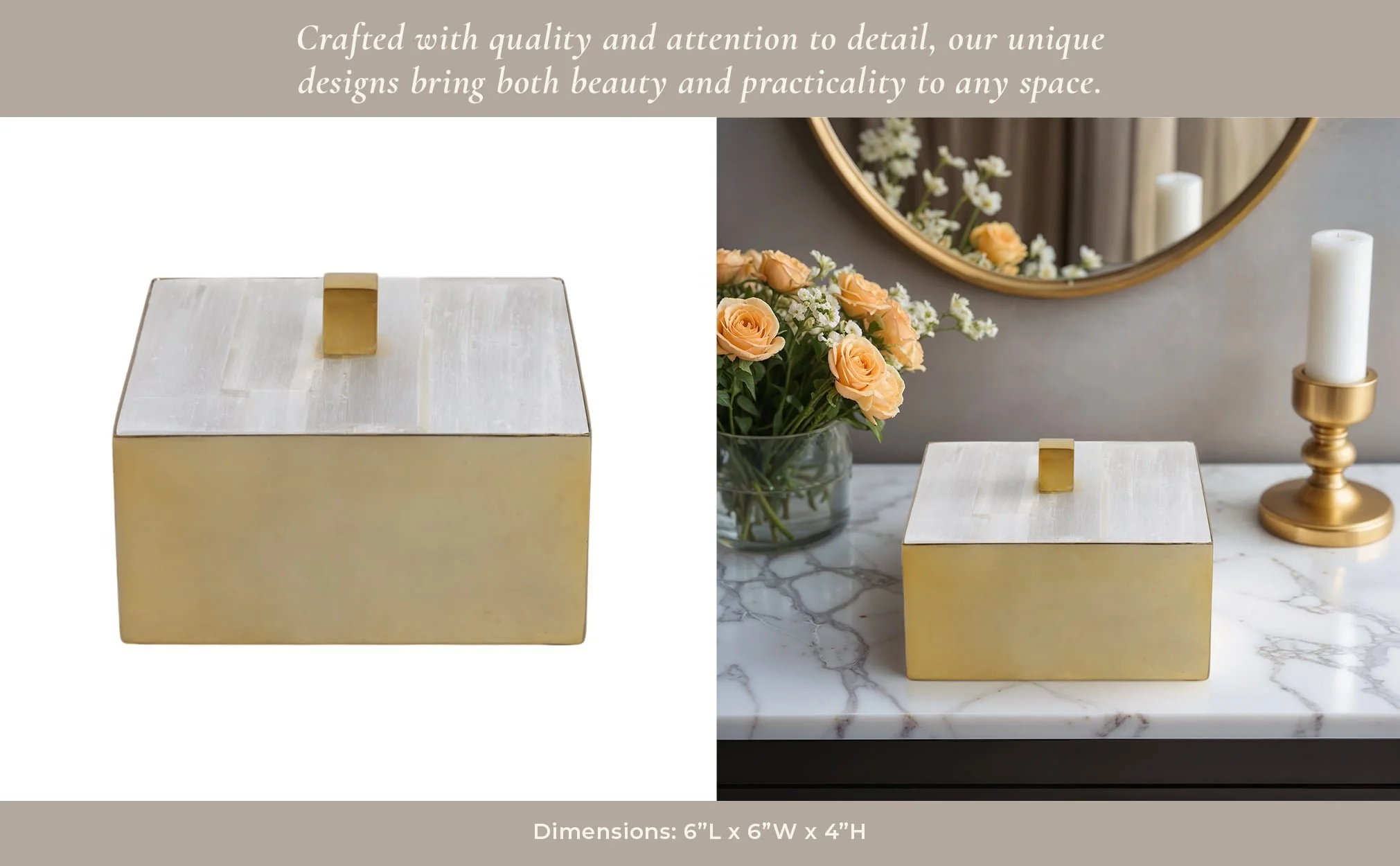 6" Square Selenite Top Box, White/gold - Image 7