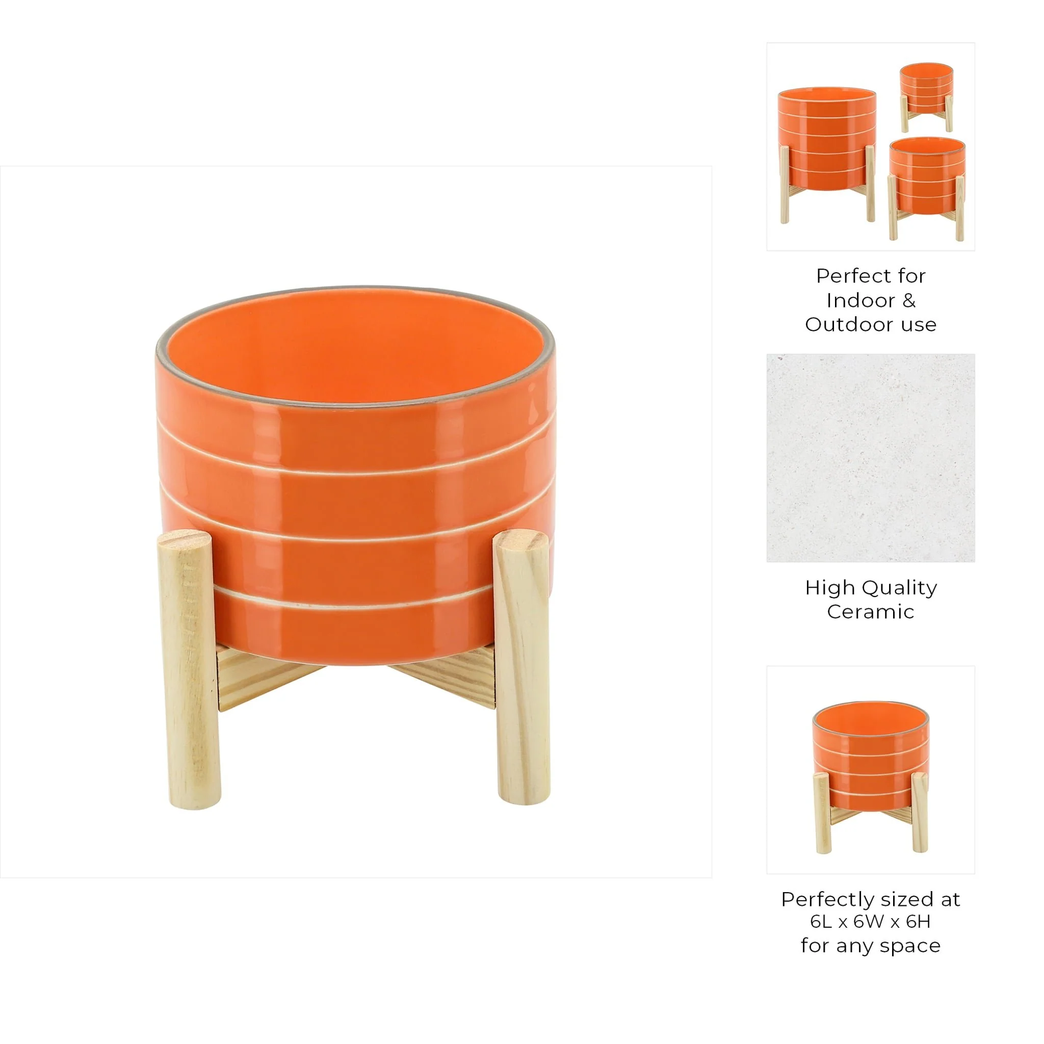 6" Striped Planter W/ Wood Stand, Orange - Image 4