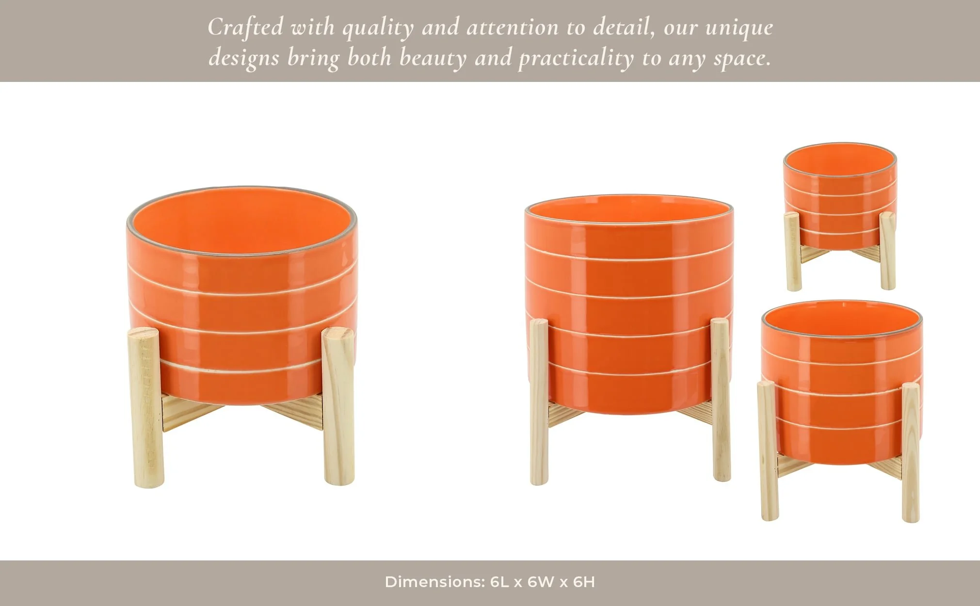 6" Striped Planter W/ Wood Stand, Orange - Image 6