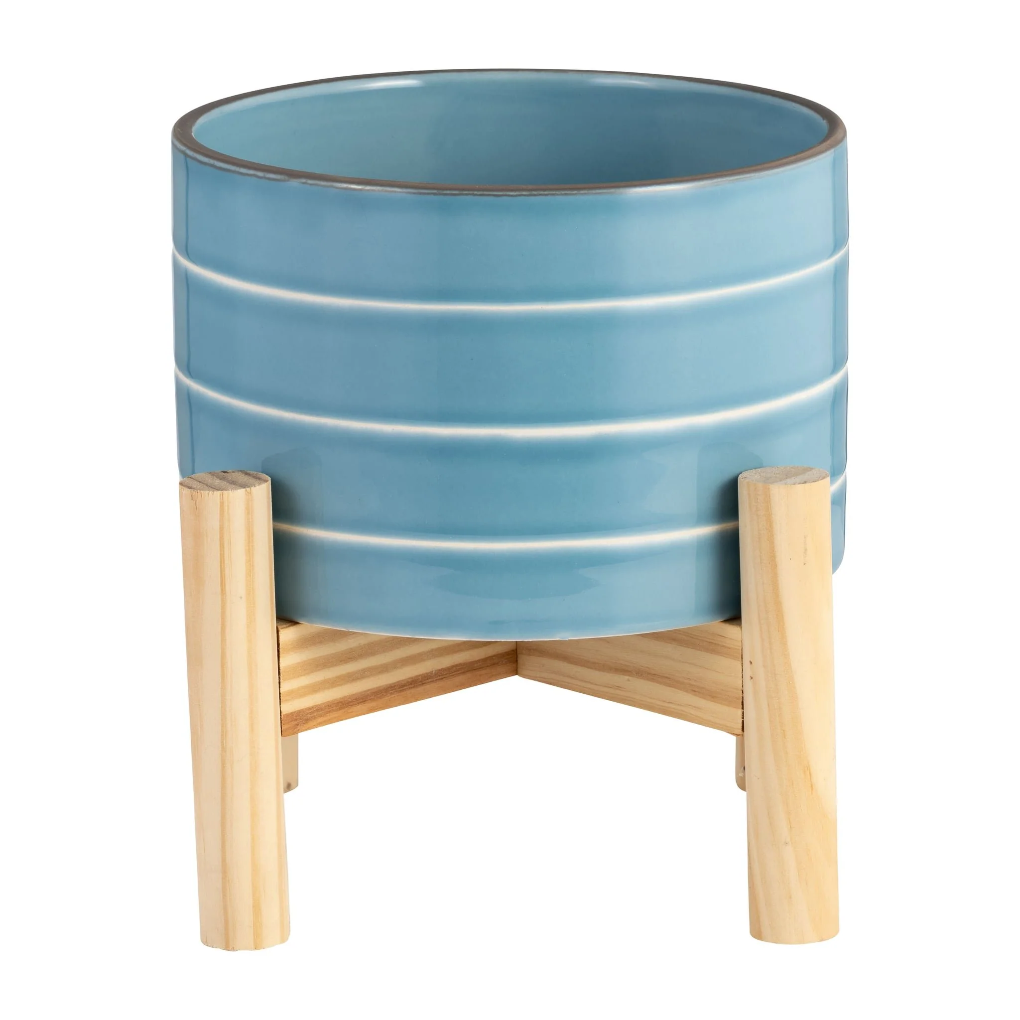 6" Striped Planter W/ Wood Stand, Skyblue - Image 2