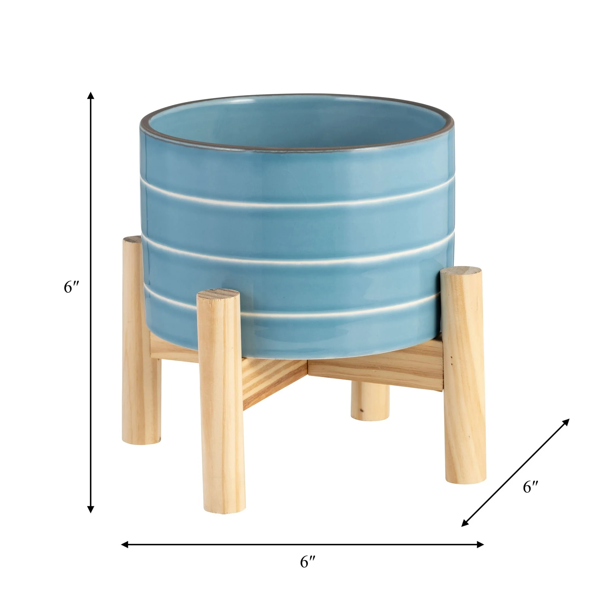 6" Striped Planter W/ Wood Stand, Skyblue - Image 8