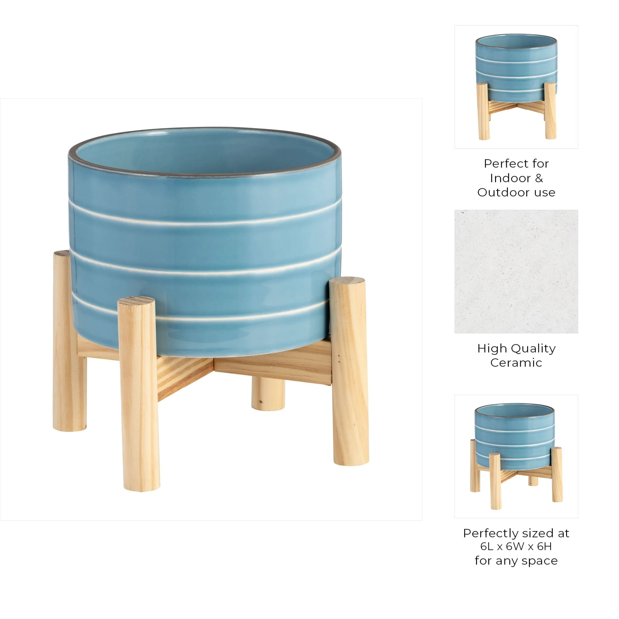 6" Striped Planter W/ Wood Stand, Skyblue - Image 9